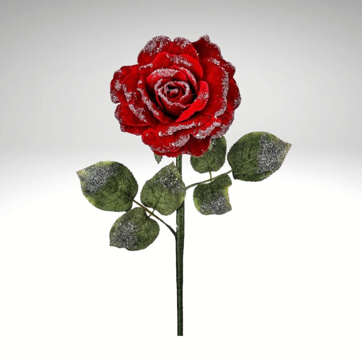 25" Red Velvet Rose Stem with Snow Frost – Artificial Christmas Rose Pick for Holiday Floral Arrangements-MTX74464