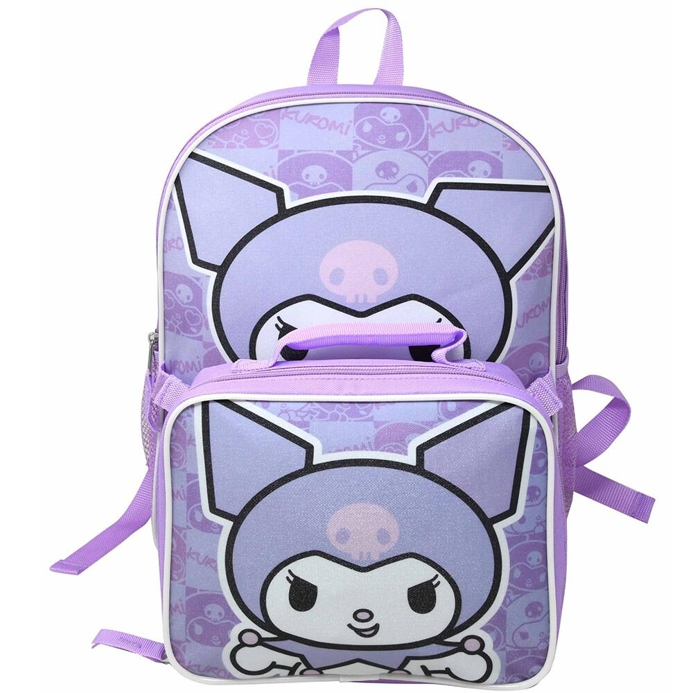 Hello Kitty Kuromi 16" Purple School Backpack and Rectangular Lunch Bag Attached