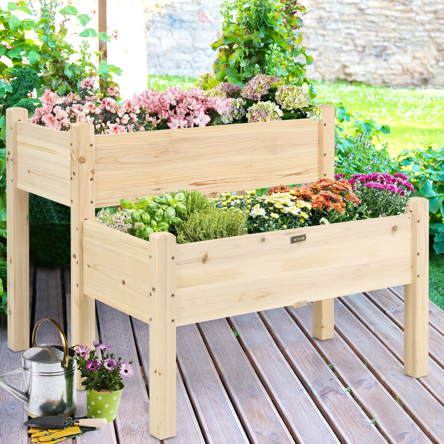Costway 2 Tier Wooden Raised Garden Bed Elevated Planter Box w/Legs Drain Holes