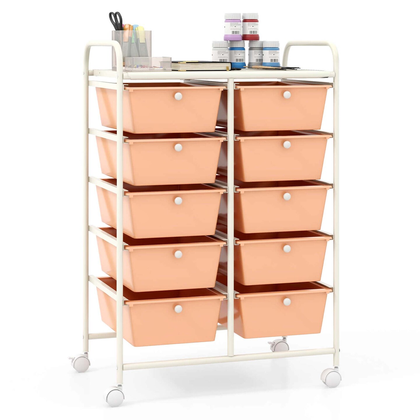 Costway 10-Drawer Storage Cart Utility Rolling Trolley Kitchen Office Organizer Black/Clear/Macaron/Grey/Black Gardient/Multicolor/Pink/RainbowithWhite/Hot Pink/Skin Pink/Purple