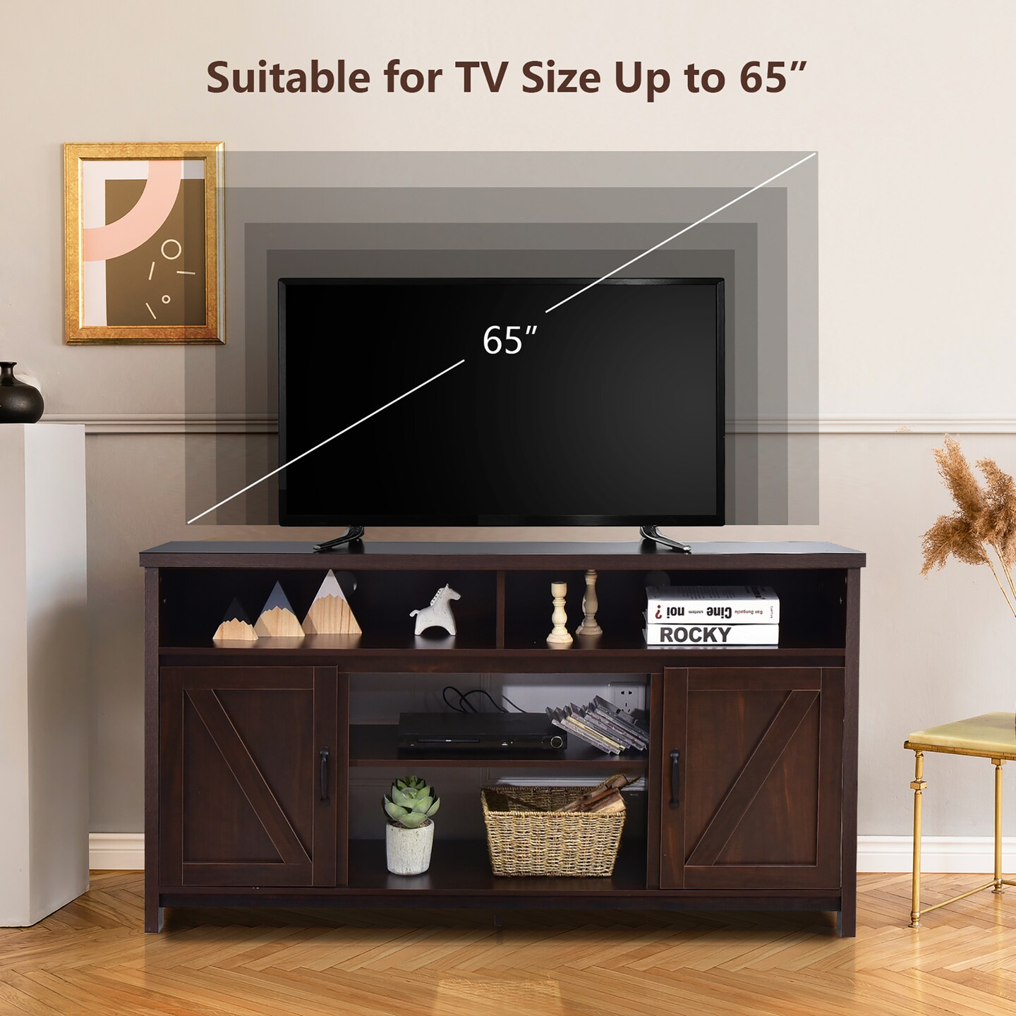 Costway 59'' TV Stand Media Center Console Cabinet w/ Barn Door for TV's 65'' Natural\Black\Coffee