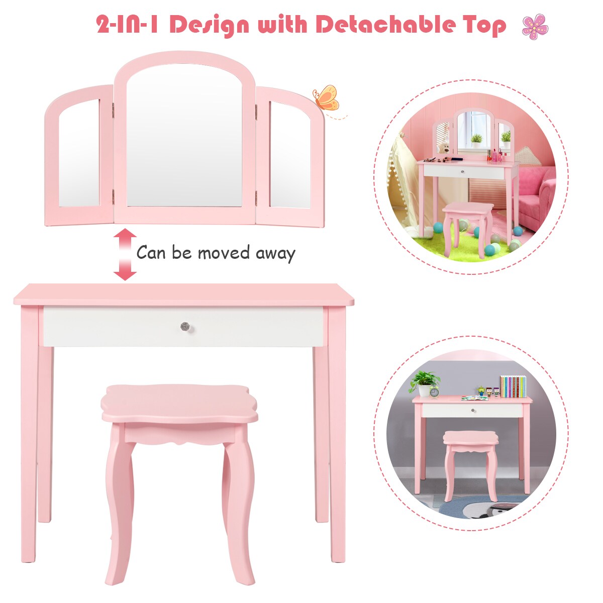 Costway Kids Vanity Set Princess Makeup Dressing Play Table Set W/Mirror White\ Pink