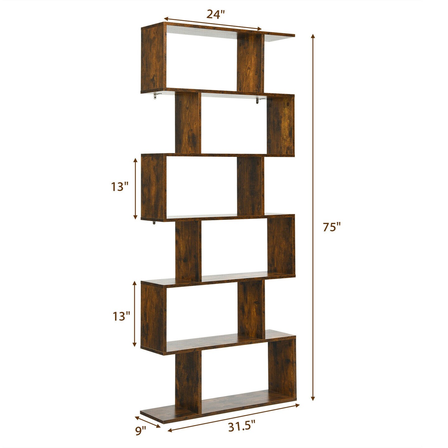 Costway 1/2 PCS 6 Tier S-Shaped Bookshelf Storage Display Bookcase Z-Shelf Coffee