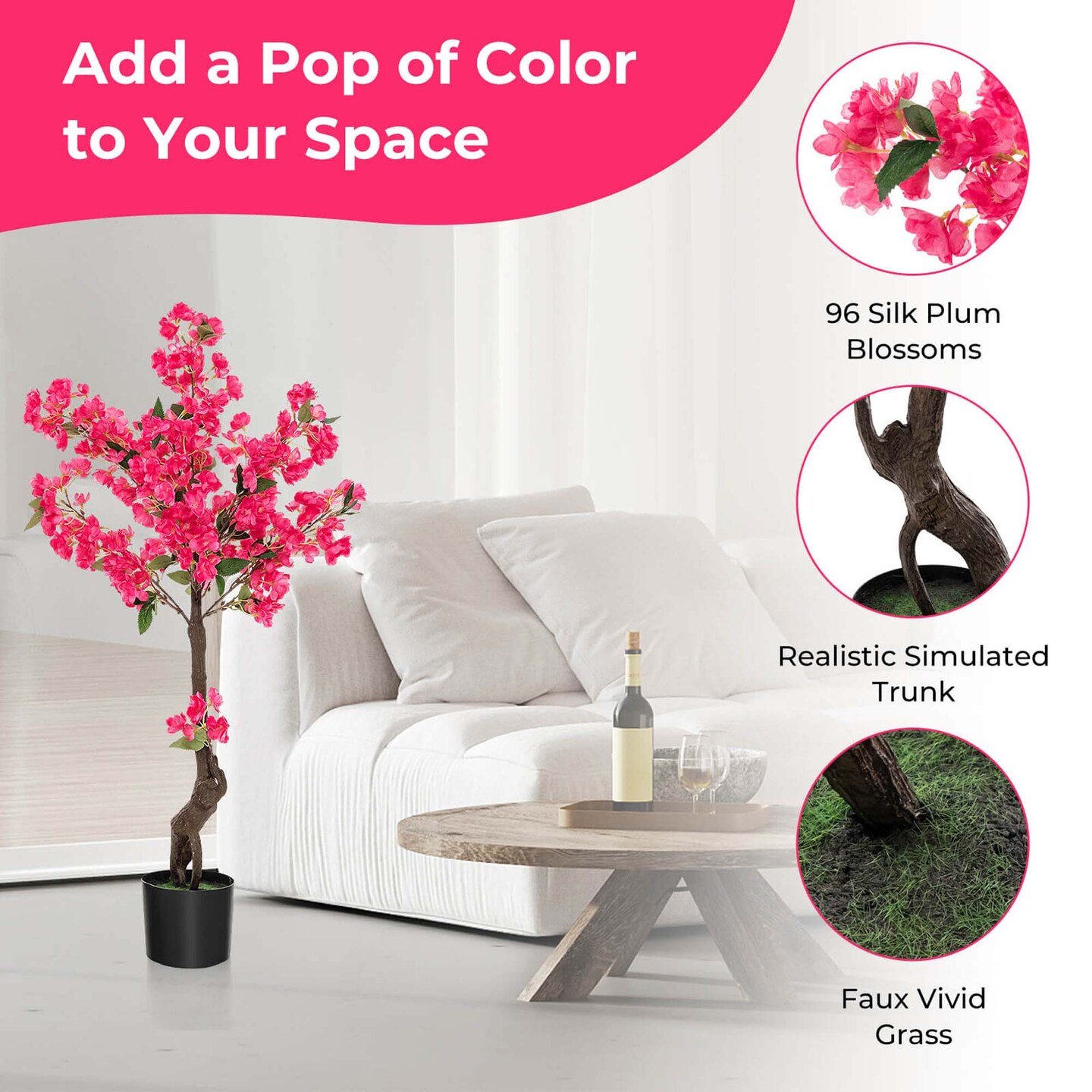 Costway 1/2 Pack 42&#x22; Artificial Plum Blossom Tree with 92 Flowers &#x26; Realistic Trunk Indoor