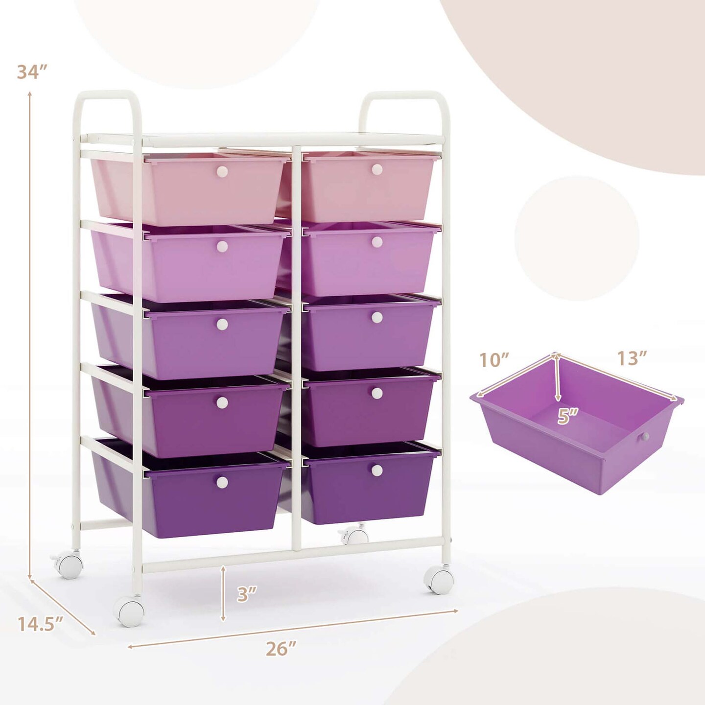 Costway 10-Drawer Storage Cart Utility Rolling Trolley Kitchen Office Organizer Black/Clear/Macaron/Grey/Black Gardient/Multicolor/Pink/RainbowithWhite/Hot Pink/Skin Pink/Purple