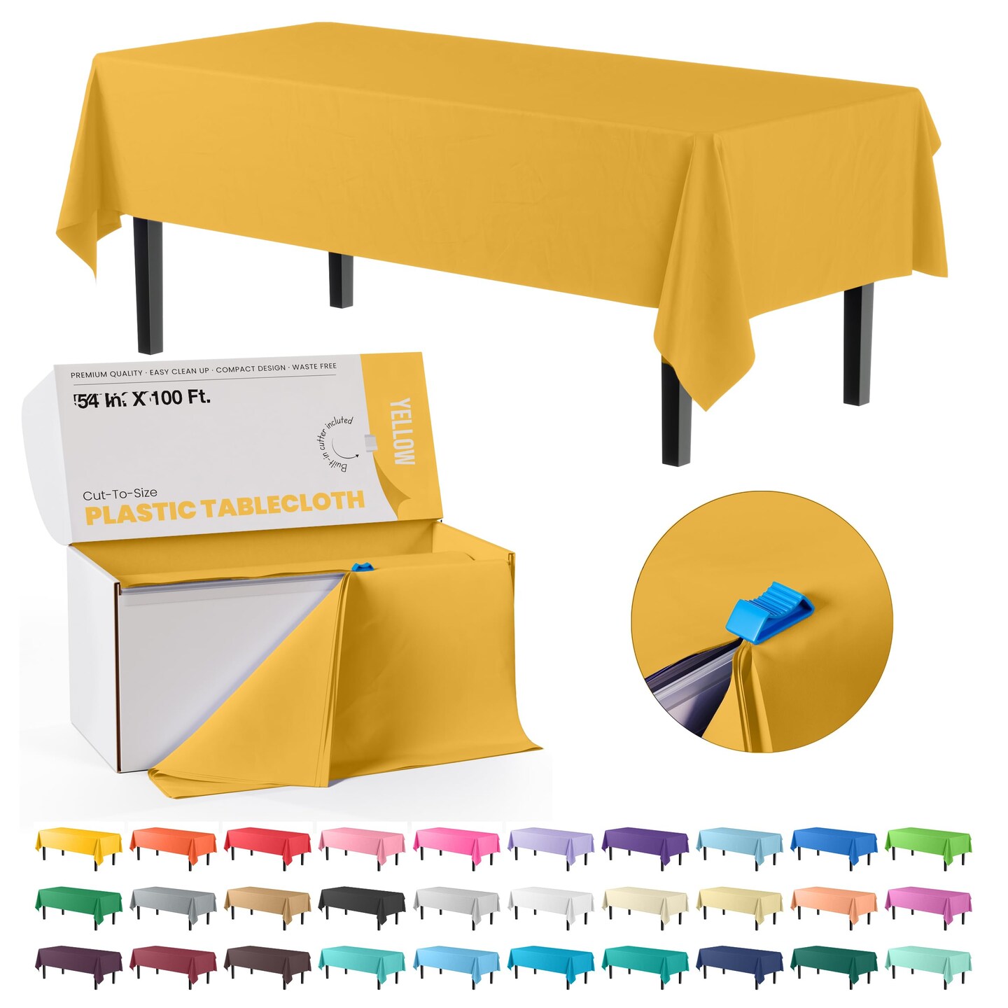 Exquisite Party Solids 54" x 100' Plastic Table Cover Roll with Slide Cutter – Cut-to-Size Dispenser Box – Makes Up to 12 Disposable 8' Rectangle Tablecloths