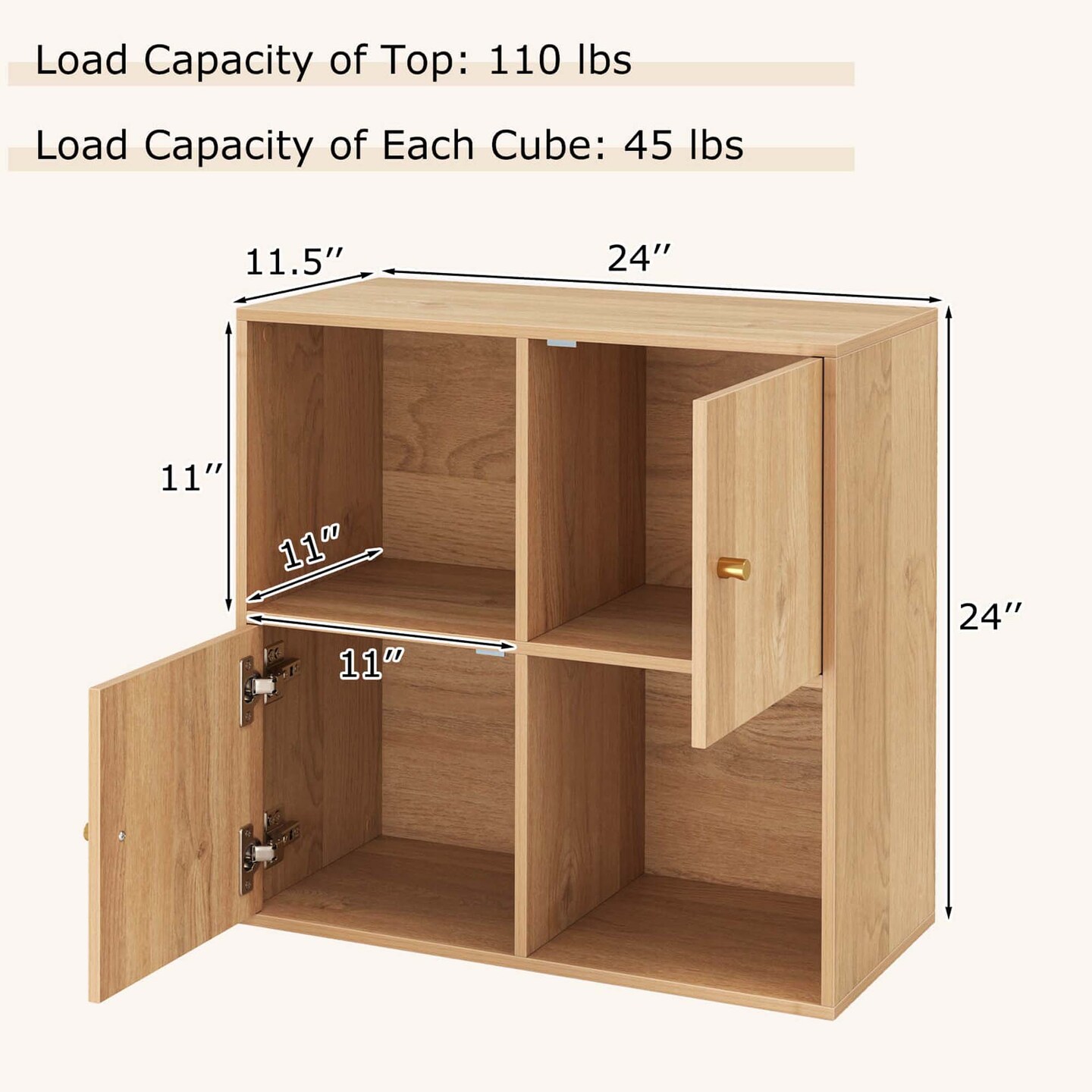 Costway 4-Cube Bookcase with Dual Anti-Tipping Kits & 2 Cabinets Storage Organizer White/Natural