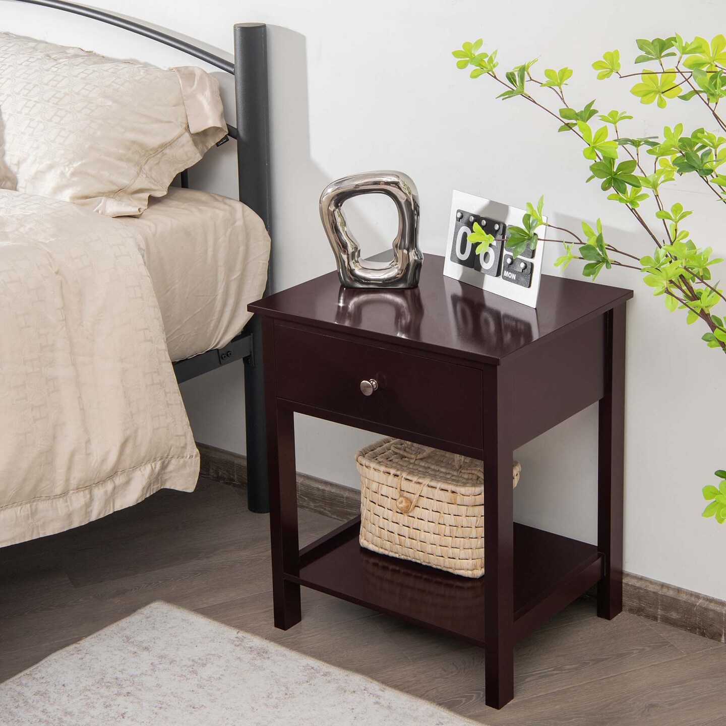 Costway Nightstand with Drawer Storage Shelf Wooden Bedside Sofa Side Table White\Brown