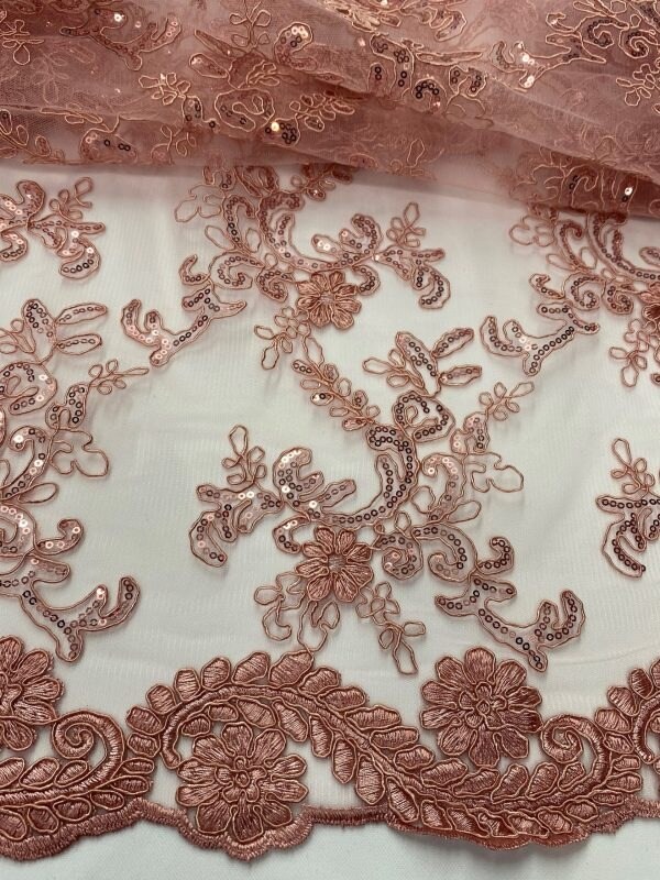 1 Yard Dusty Rose Corded Sequin Mesh Lace Fabric with Scalloped Edge 54” Wide