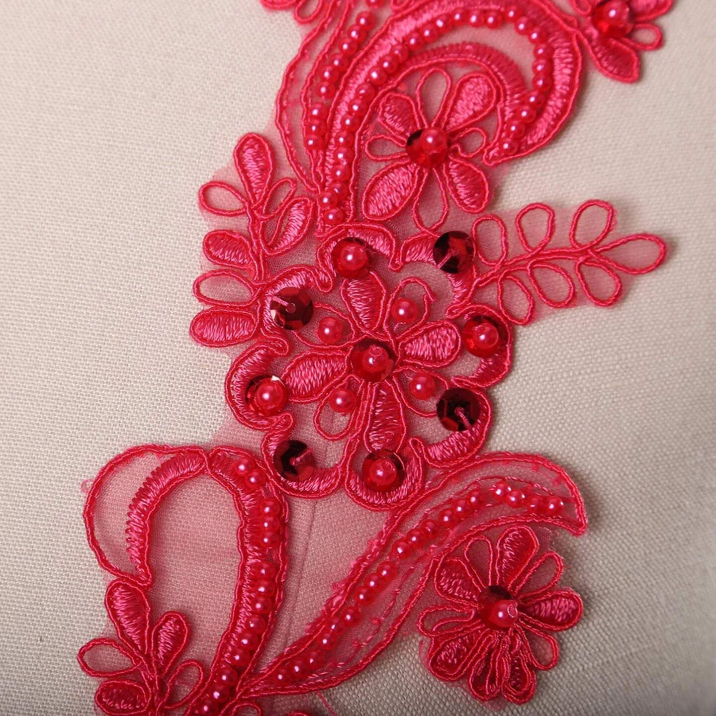 Coral Pink Lace Applique Sequin Beaded Alençon Pair for Dance, Gown & Costume Embellishment