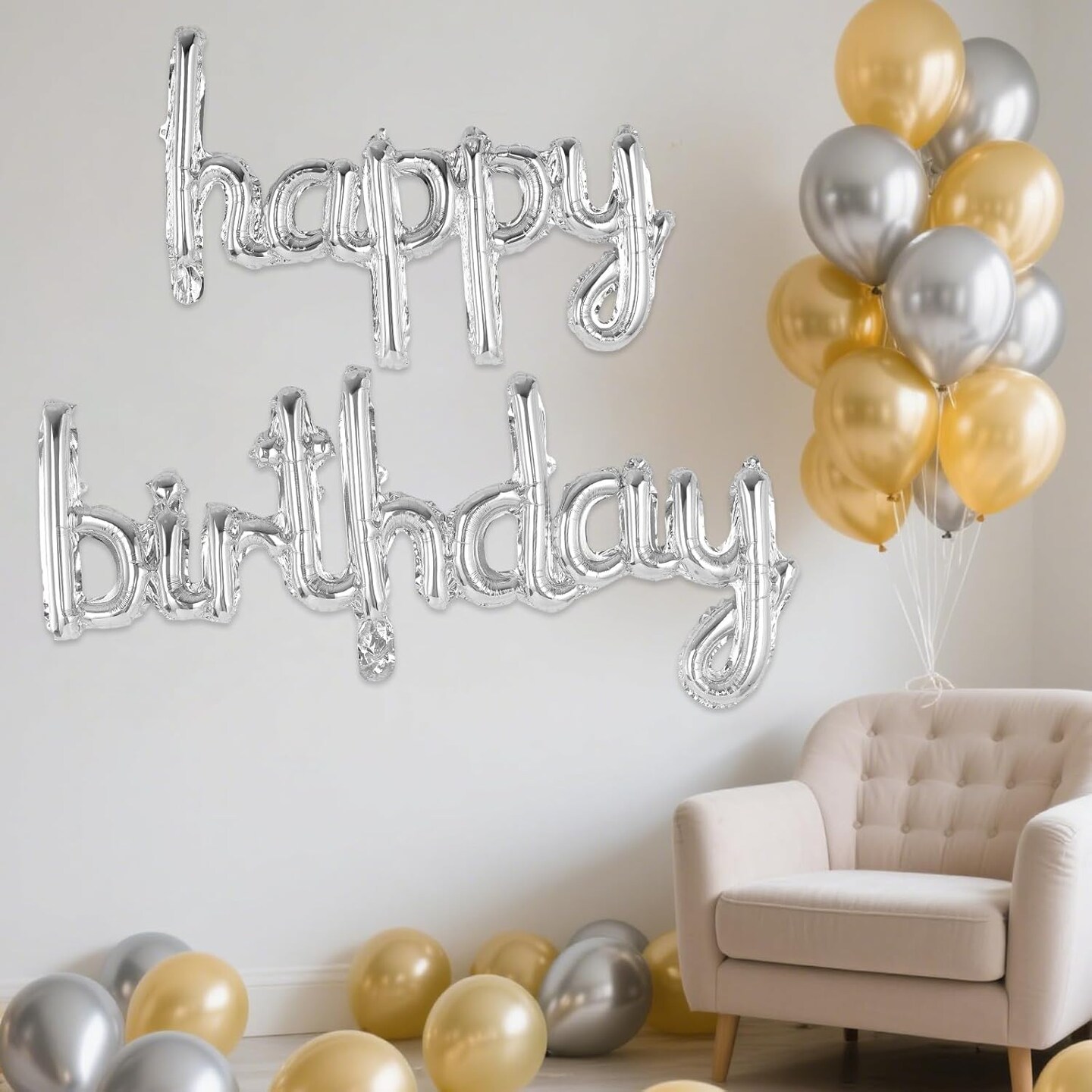Happy Birthday Balloons Banner – Foil Letters, Personalized Name Sign for Birthday Party Decorations (Silver, Small)
