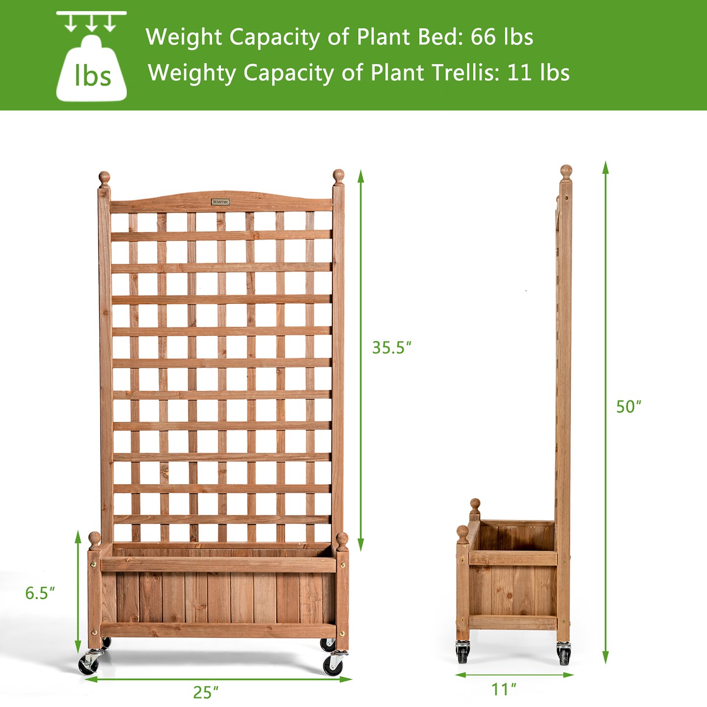 Costway 50in Wood Planter Box w/Trellis Mobile Raised Bed for Climbing Plant