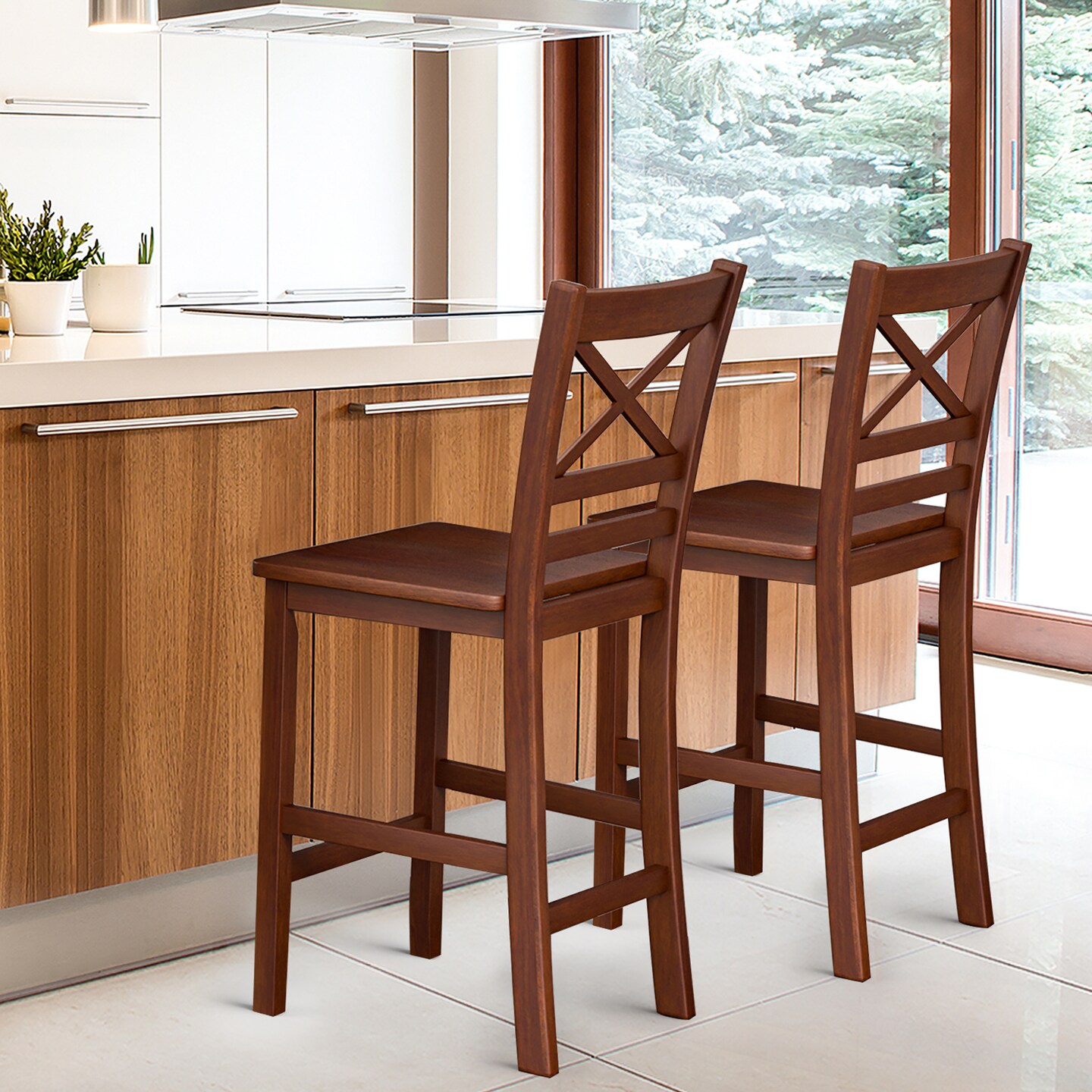 Costway Set of 2/4 Bar Stools 24'' Counter Height Chairs w/ Rubber Wood Legs Walnut