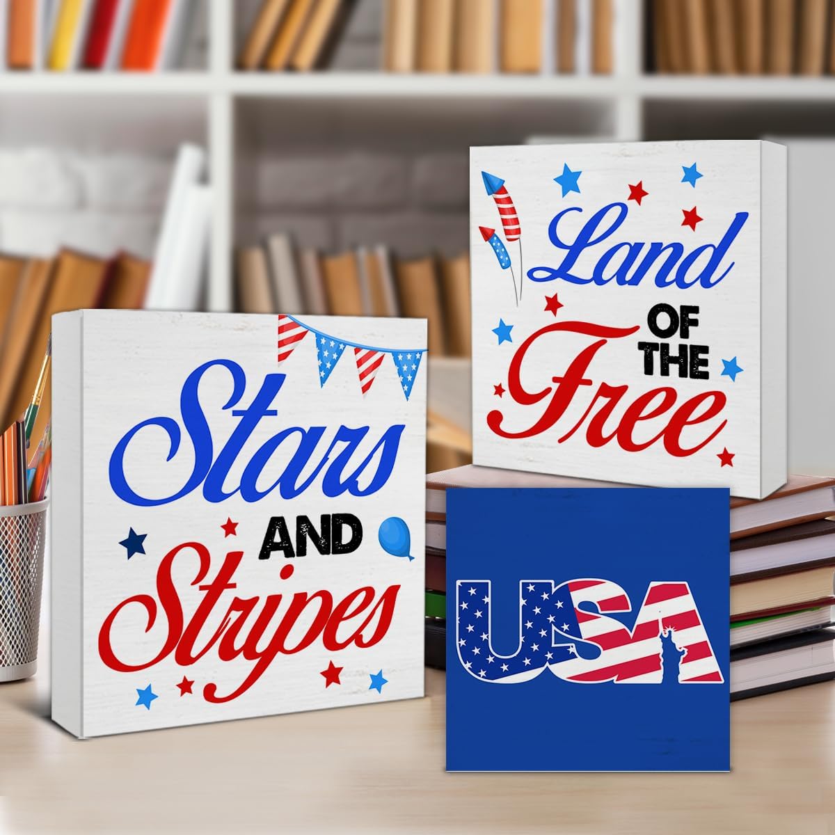 3 Pcs Patriotic Wood Signs Tabletop Decor America Wood Block Signs Independence Day Stars And Stripes Land of the Free USA Wooden Box Signs Decorations for Home Tiered Tray Desk Shelf