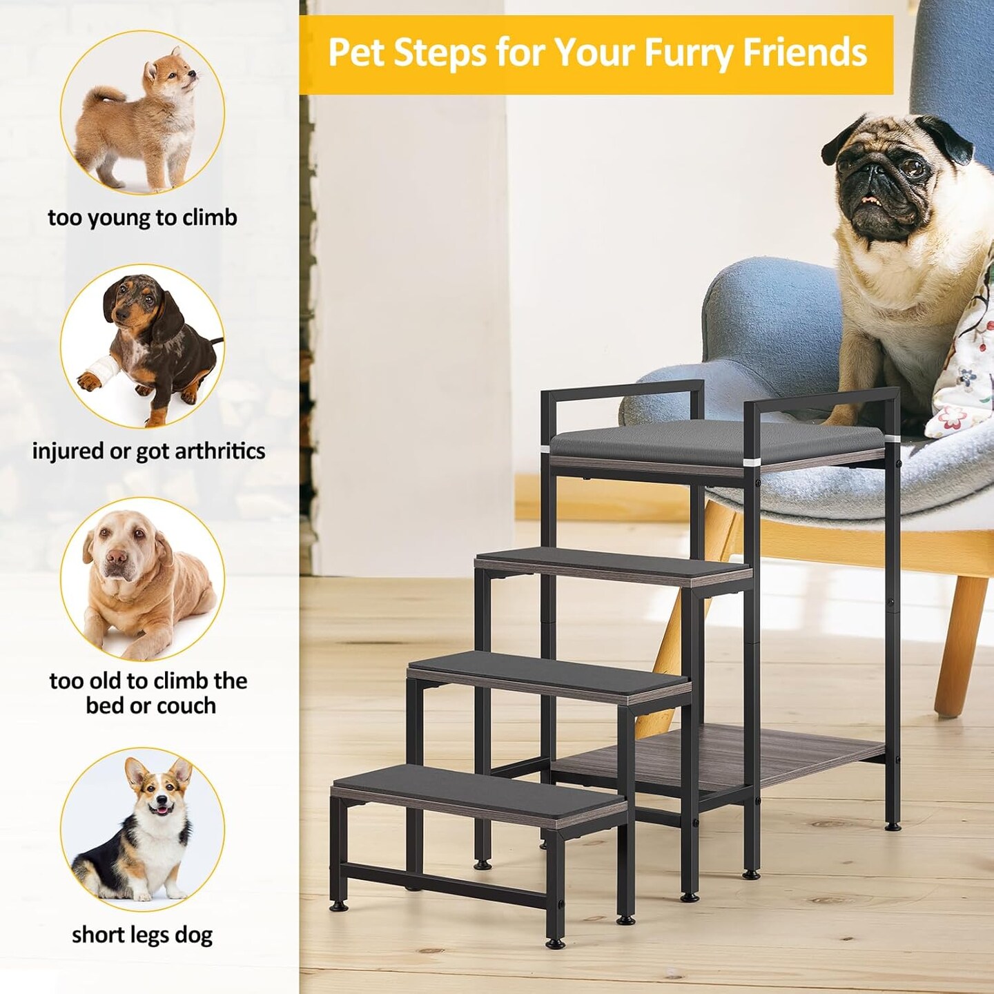 24.84’’H Window Perch Dog Steps for High Beds & Couches - 4-Step Non-Slip Pet Stairs with Bunk Bed, Removable Cushion, Adjustable Feet - Sturdy Frame for Small/Medium Pets