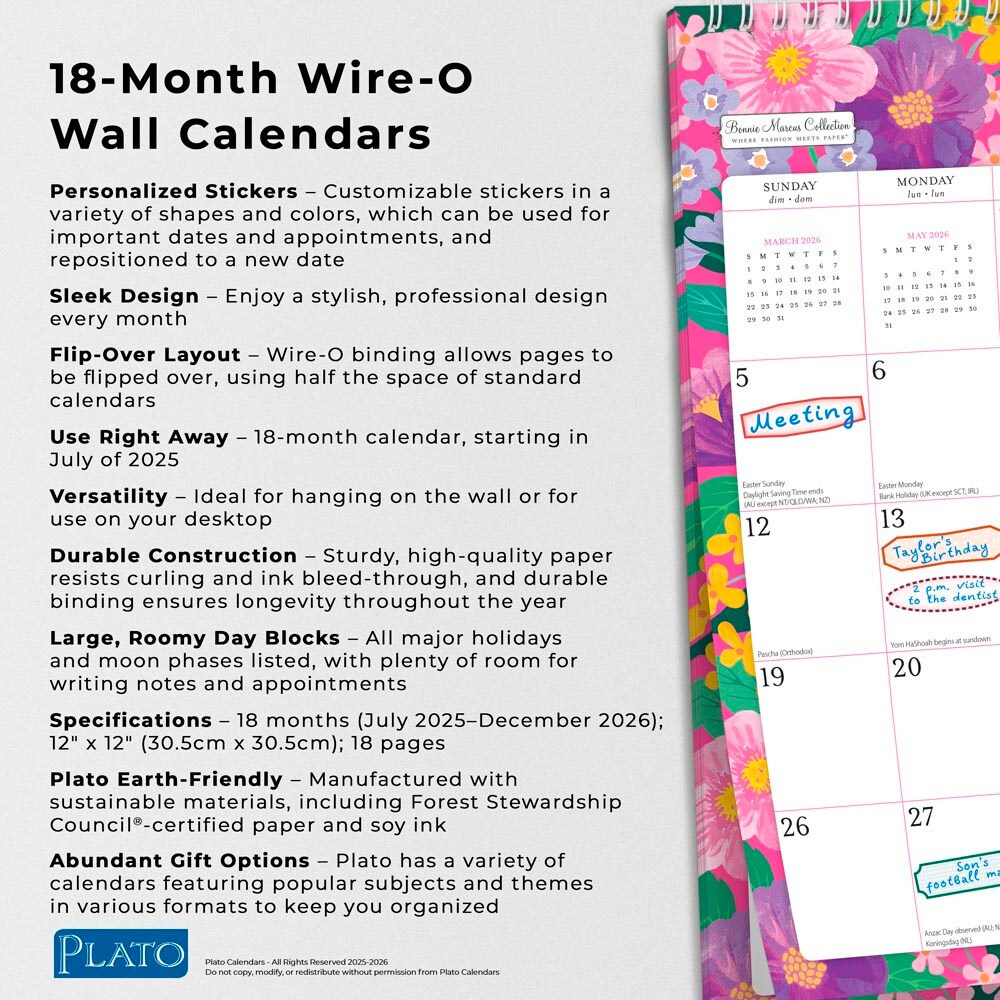 Bonnie Marcus OFFICIAL | 2026 12 x 12 Inch (Hanging) 18 Months Monthly Square Wire-O Calendar | Sticker Sheet | July 2025 - December 2026