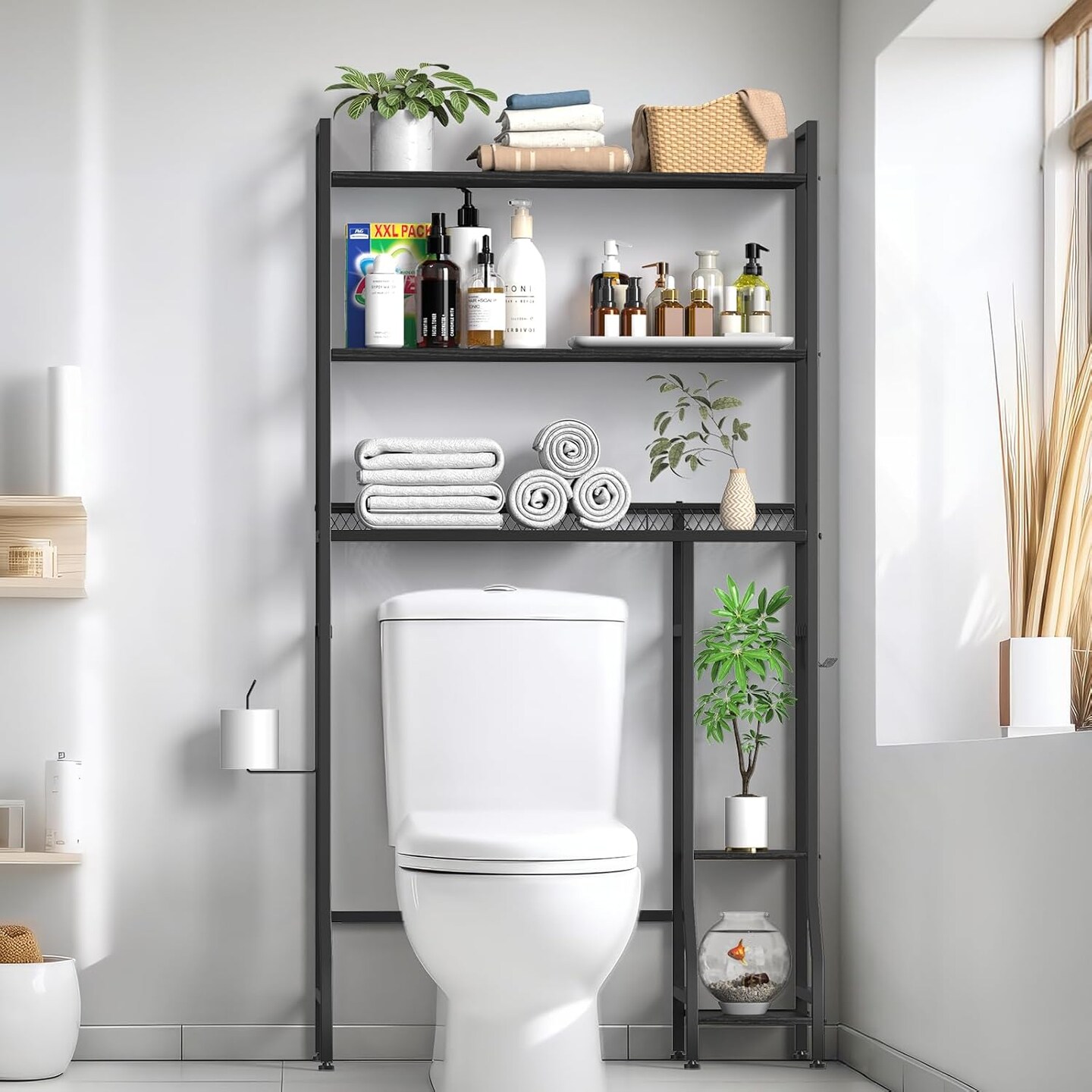 33&#x22; Extended Over The Toilet Storage Rack - Freestanding Bathroom Organizer with Adjustable Shelves, Hooks, Industrial Metal &#x26; Wood Design, Black - Easy Assembly