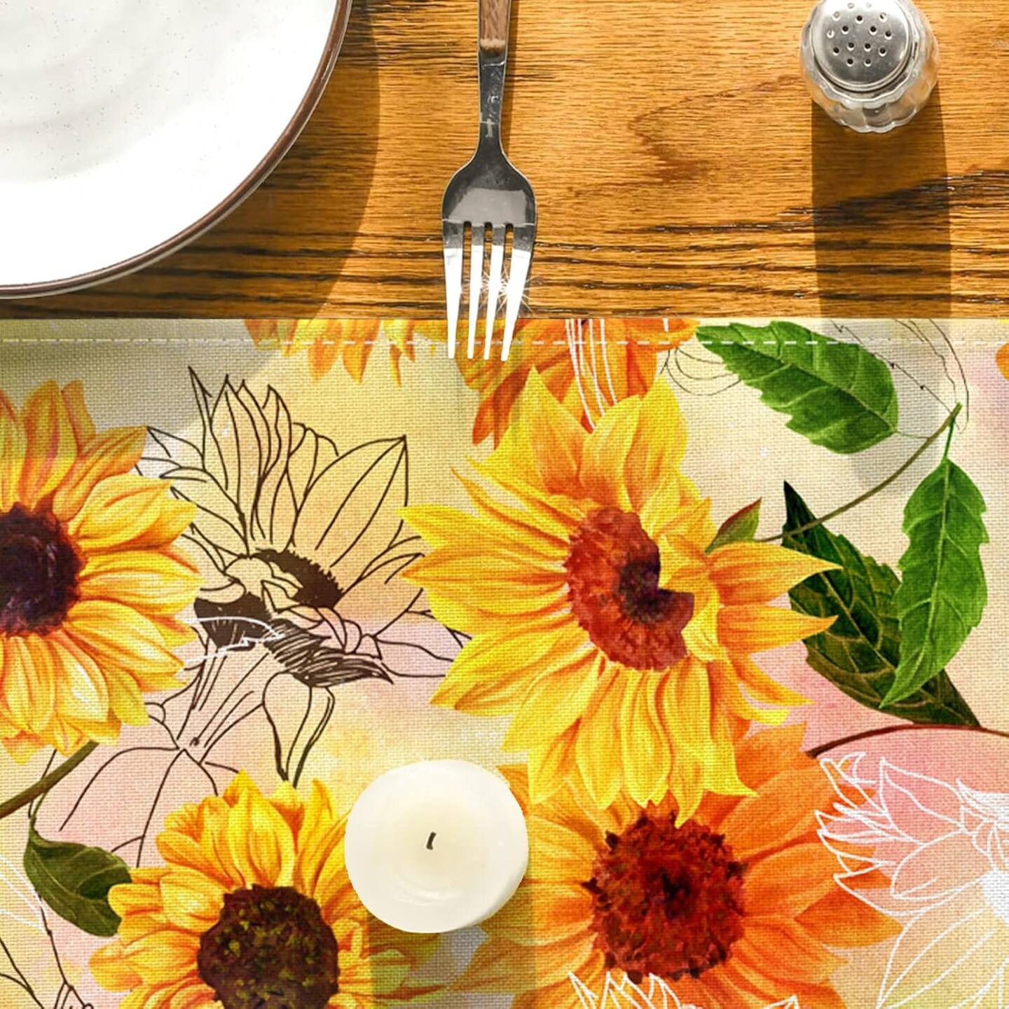 Summer Linen Rustic Watercolor Sunflower Table Runner Spring Flower Table Cover Spring Sunflower Decorations for Simple Life Home Party