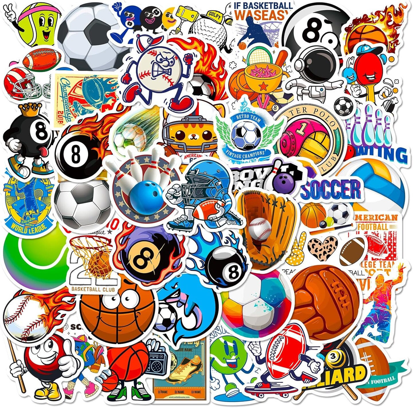 50Pcs Ball Sport Stickers, Cool Basketball Baseball Soccer Football Waterproof Vinyl Decal for Adult Teen Kids Notebook Water Bottle, Laptop, Luggage, Phone, Skateboard, Helmet