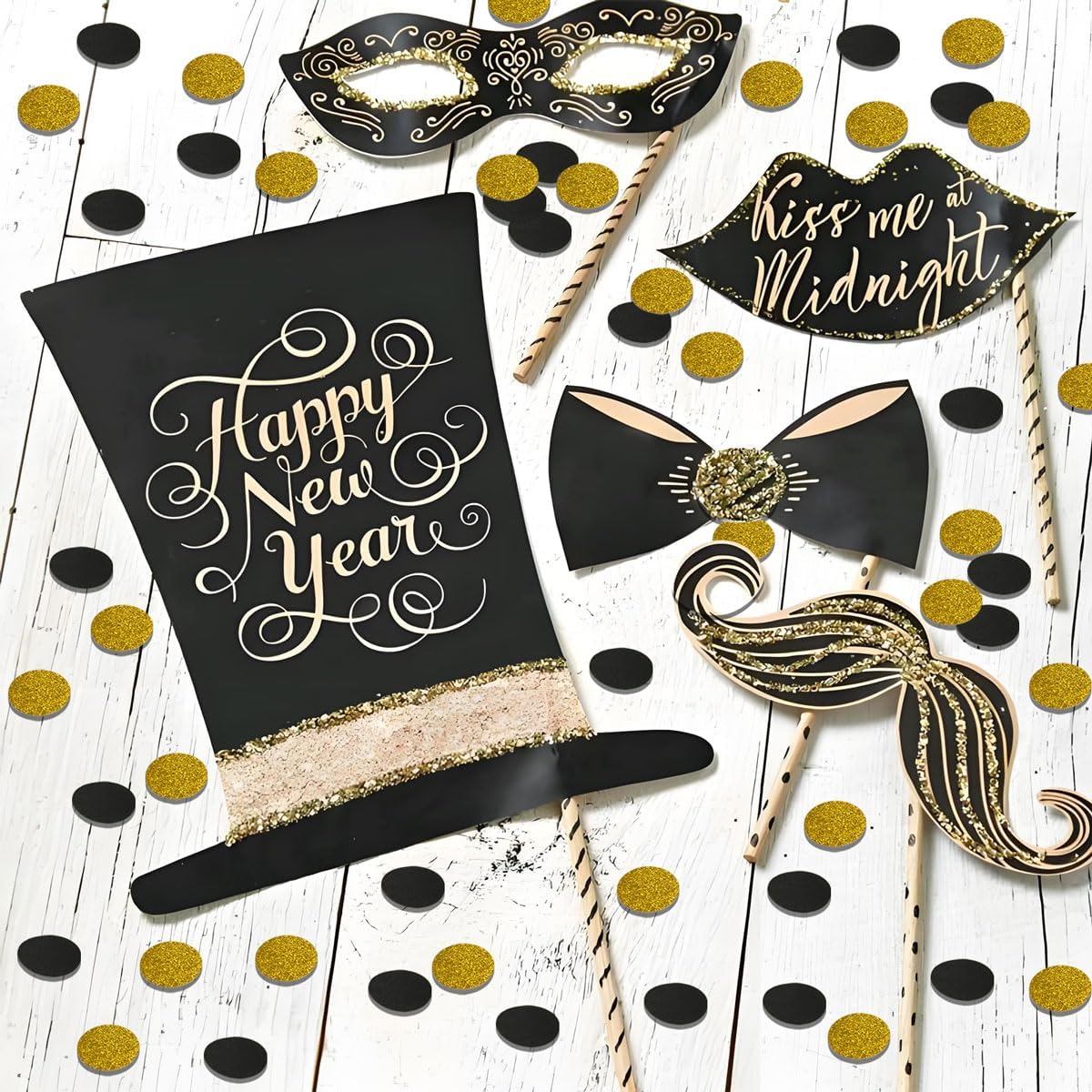 200PCS Black & Gold Glitter Confetti Circles | Grad Party Table Decor | 1.2"