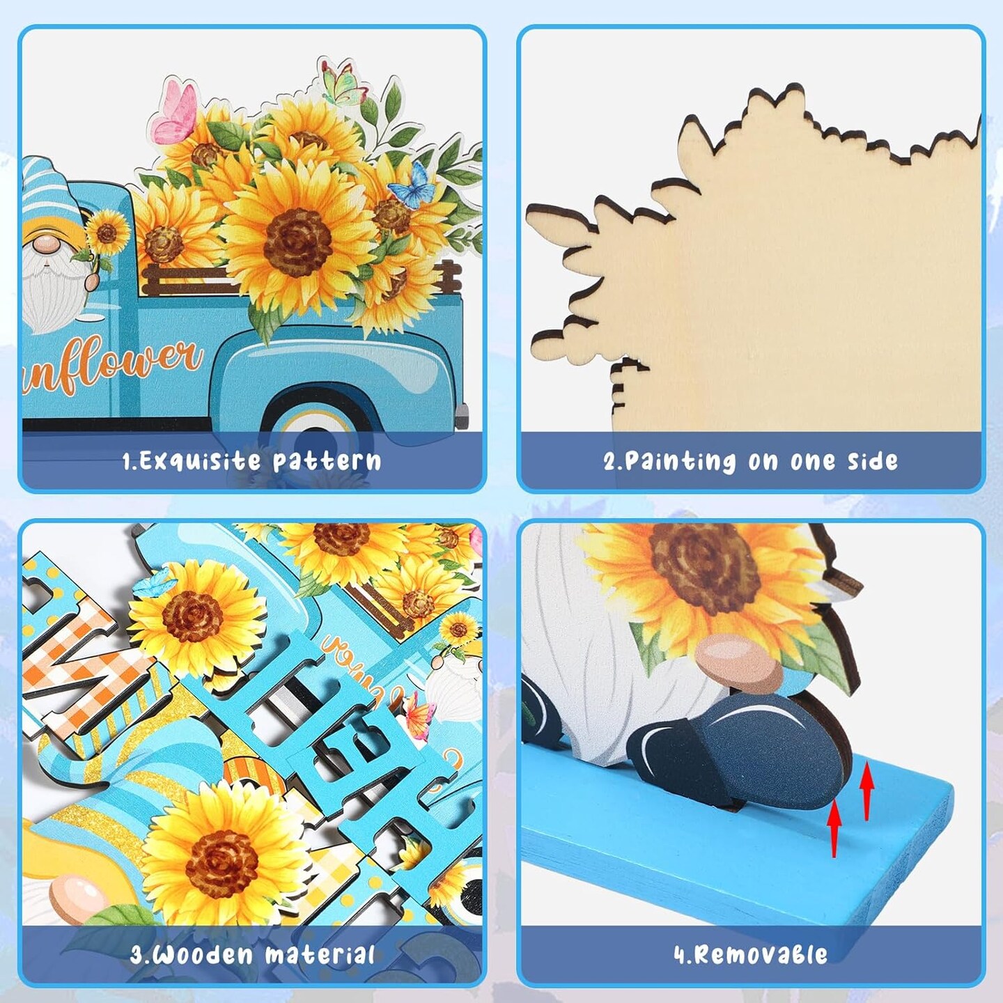5 Pcs Sunflower Table Sign Sunflower Wooden Table Centerpieces Sign Summer Gnome Wooden Table Decor Sunshine Table Decoration Signs Gnome Wooden Centerpiece for Home Party(Blue)