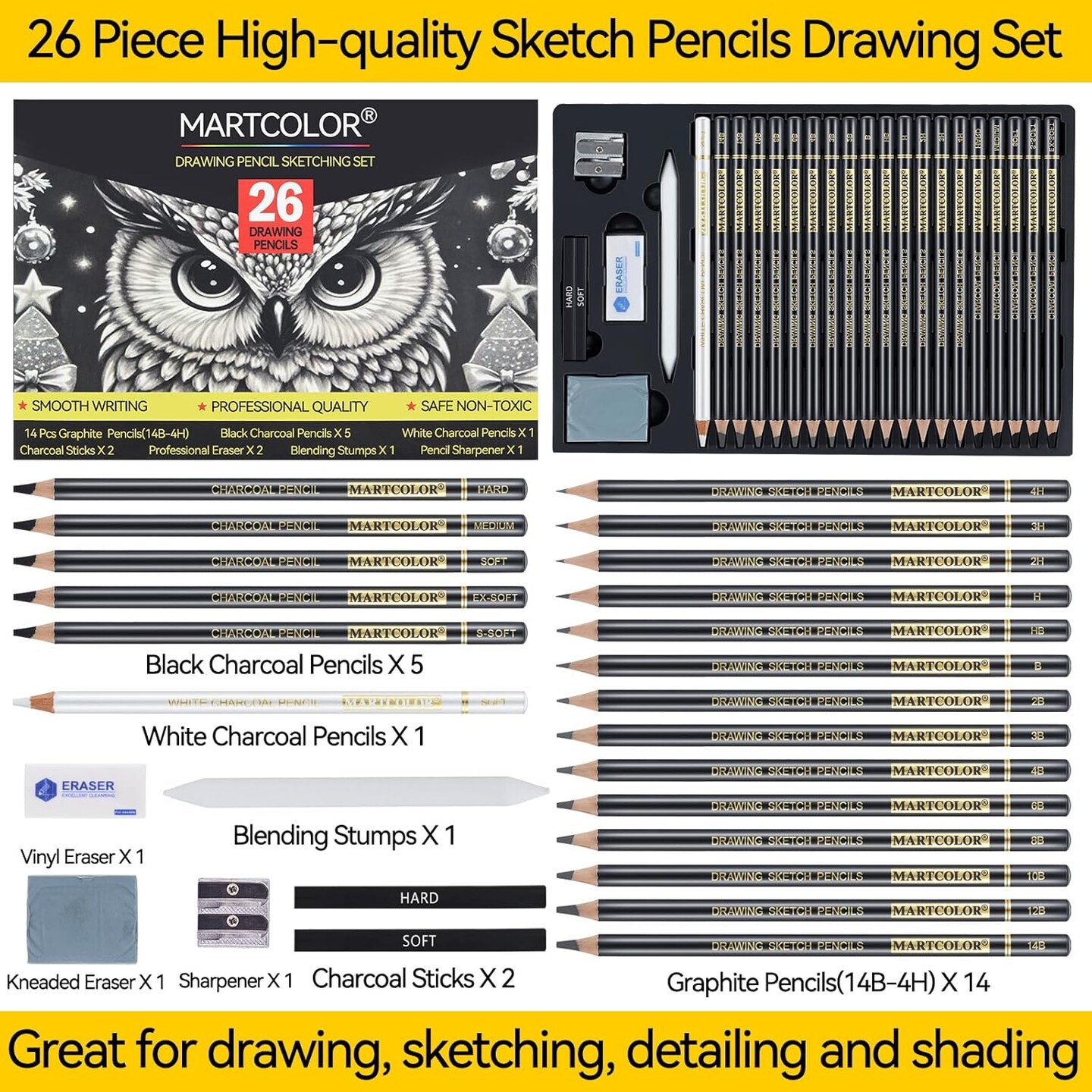 Drawing Sketching Pencil Set, 26 Pieces, Graphite Pencils (14B-4H), Charcoal Pencils, Charcoal Sticks, Blending Stump, Eraser, Sharpeners, Artist Pencils for Beginners &#x26; Pro Artists