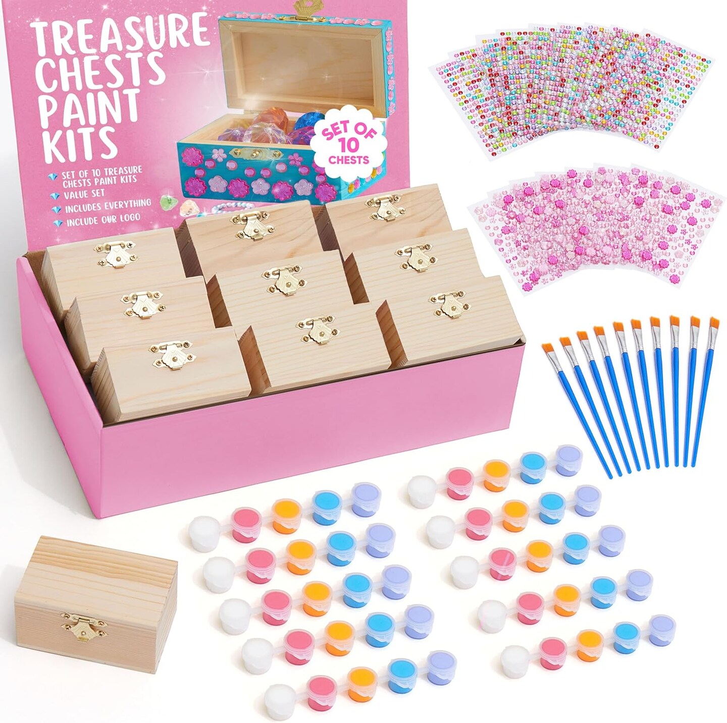 10 Sets Unfinished Wooden Jewelry Box Painting Kit for Kids with Stickers – Bulk Birthday & Party Favors, Goodie Bag Stuffers, Toy Return Gifts, Arts & Crafts Treasure Boxes