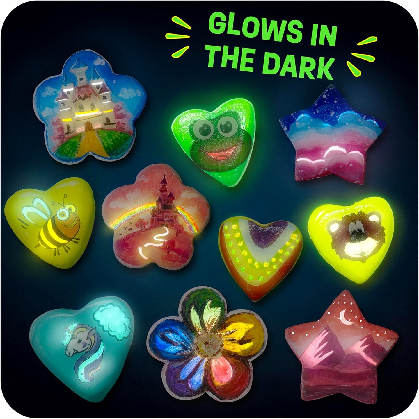 Kids Ages 6-12 -Heart, Flower &#x26; Star Shaped Rocks - Glow in The Dark Rock Painting Kit