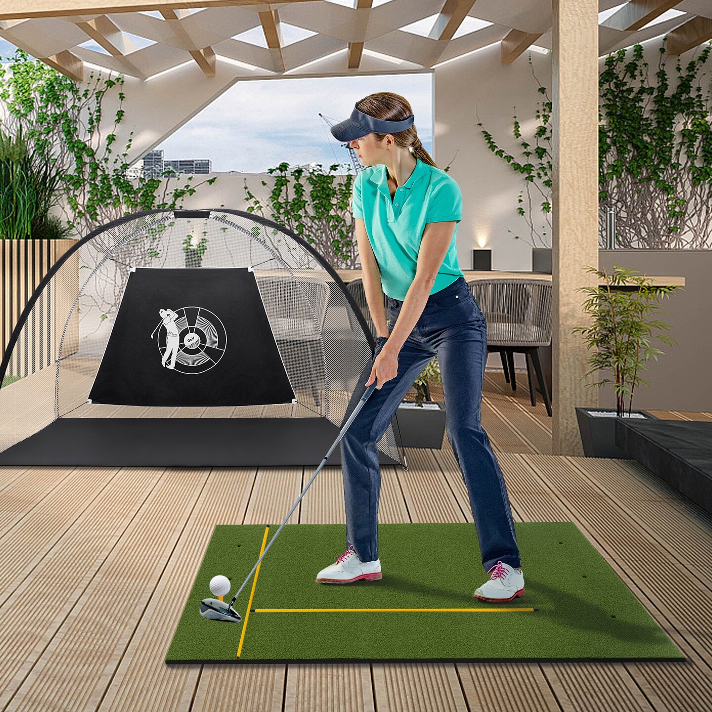 Artificial Turf Mat for Indoor and Outdoor Golf Practice Includes 2 Rubber Tees and 2 Alignment Sticks