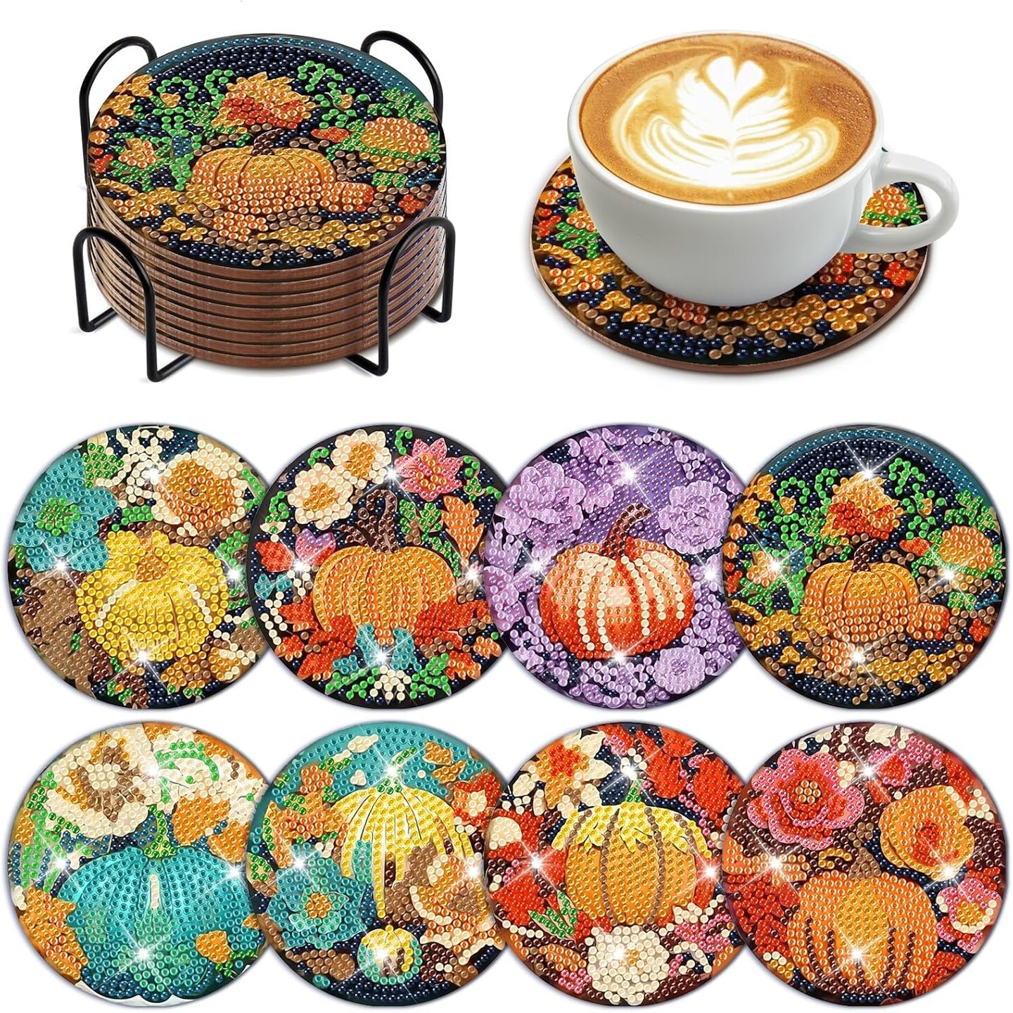 8 Pcs Fall Pumpkin Diamond Art Painting Coasters Kits (Fall Pumpkin-2) 4 x 4 x 0.1 inches