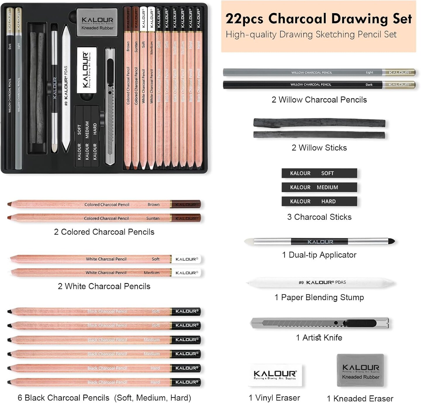 22pcs Charcoal Drawing Set, Professional Art Supplies, Black & White Charcoal