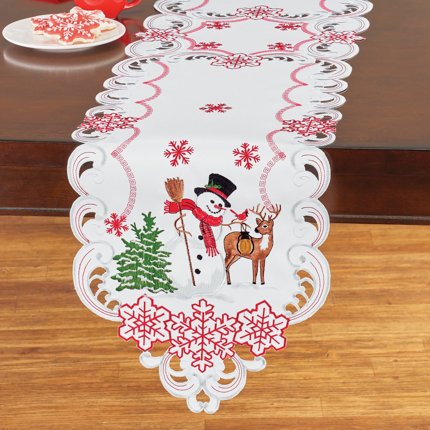 Collections Etc Embroidered Winter Snowman and Friends Forest Table Linens