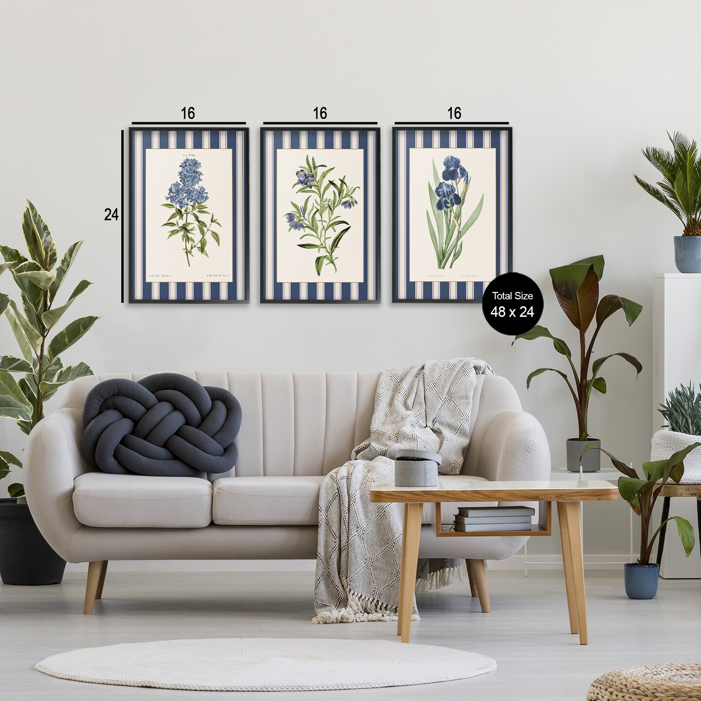 Stupell Industries Vintage Plant Studies over Stripes 3 Piece Black Framed Giclee Art Set, design by Corinne Haig