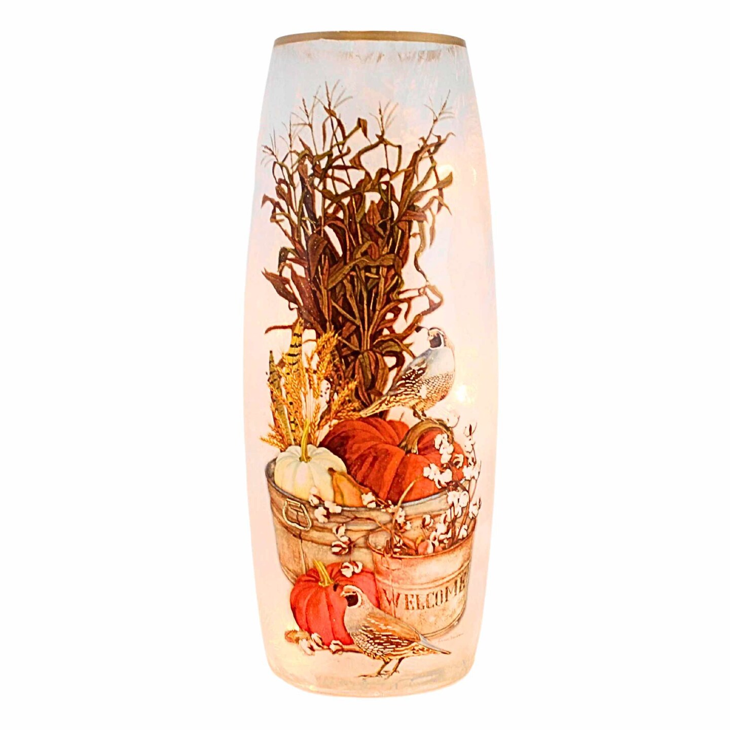 Stony Creek 12.0 Inch Quail Chickadees Lg Prelit Vase Thanksgiving Lighted Glass Accent , Thanksgiving Decor Autumn Fall