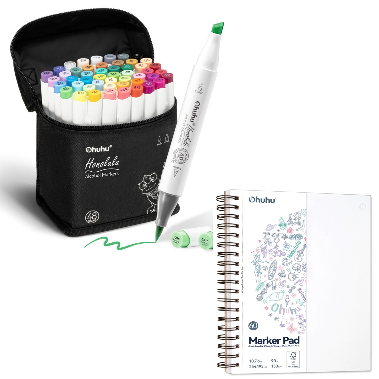 Ohuhu Honolulu 48 Colors Alcohol Markers + 7.6" x 10" Double-Sided Bleedproof Marker Pad