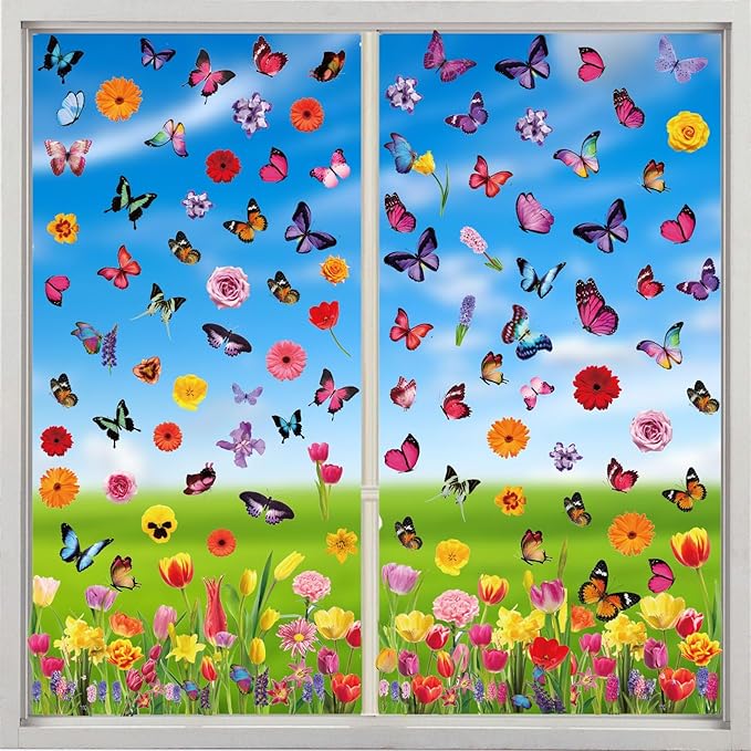 Spring Window Clings Stickers - Enchant Your Glass Windows with 127 Pieces on 9 Sheets - Tulip, Butterfly, and Flower Designs for a Colorful Home Décor