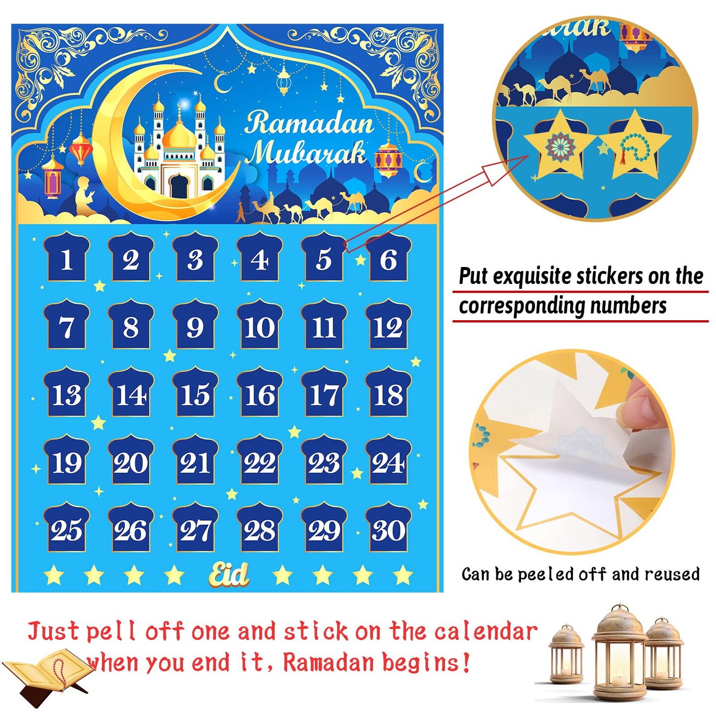 Ramadan Calendar, Eid Mubarak Calendar Countdown 2024 for Eid Party Supplies, Ramadan Advent Calendar Poster with 30 Countdown Star Stickers for Ramadan Mubarak Home Wall Decorations
