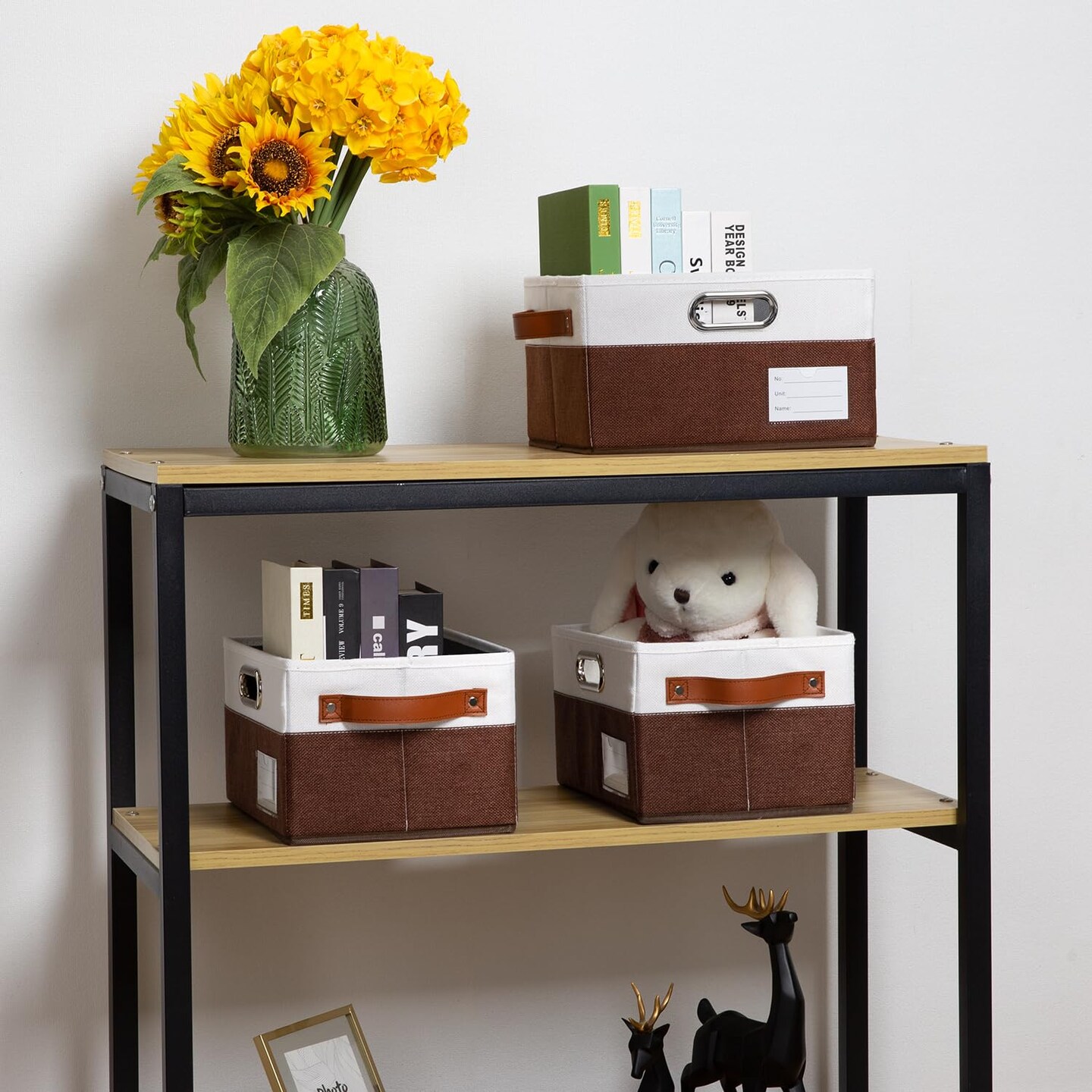 Foldable Storage Bins with Handles [3-Pack] Fabric Collapsible Storage Boxes Baskets Cubes Containers with Handles for Closet Living Room Bedroom (Brown &#x26; White 11.5x8.5x6.7&#x27;&#x27;)
