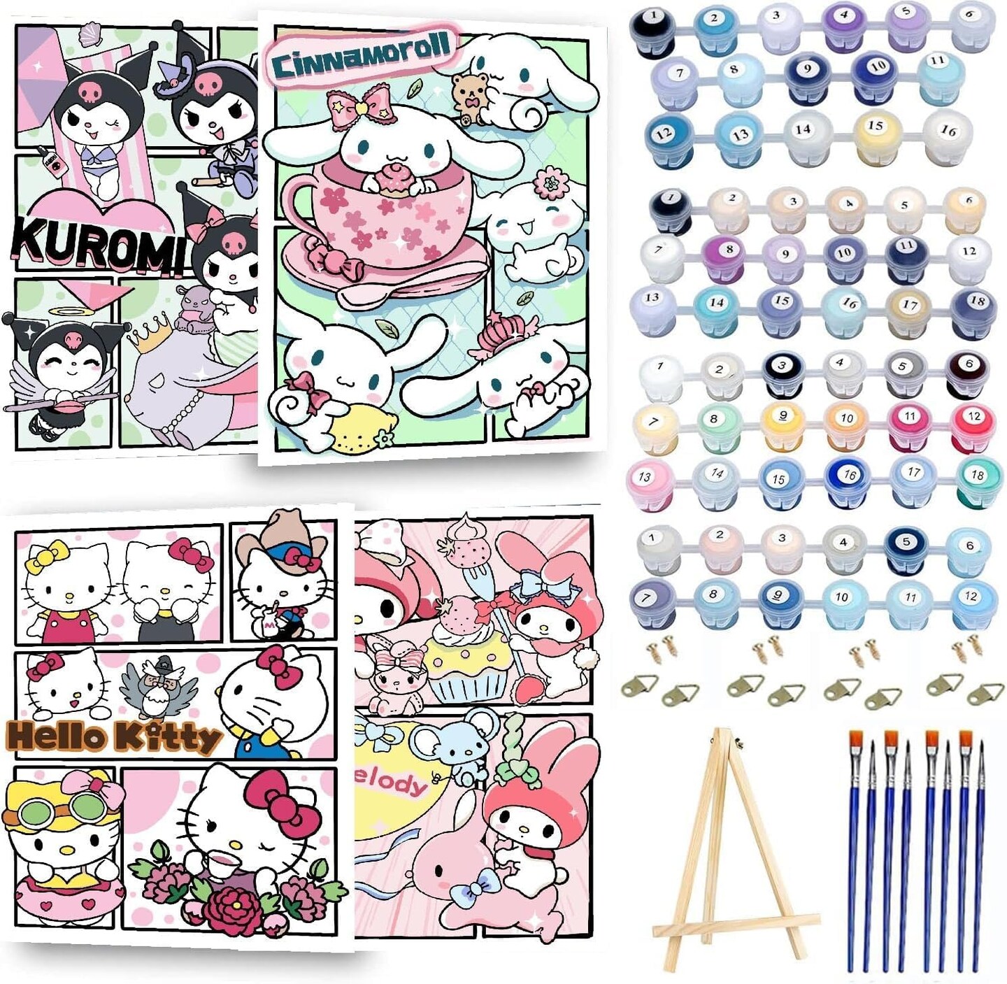 Paint by Numbers Kit for Adults Framed Canvas, 4 Pack with Wooden Easel,Paint by Numbers for Kids Ages 8-12, Cartoon DIY Acrylic Landscape Oil Painting Arts Crafts, 9.45x11.8inch