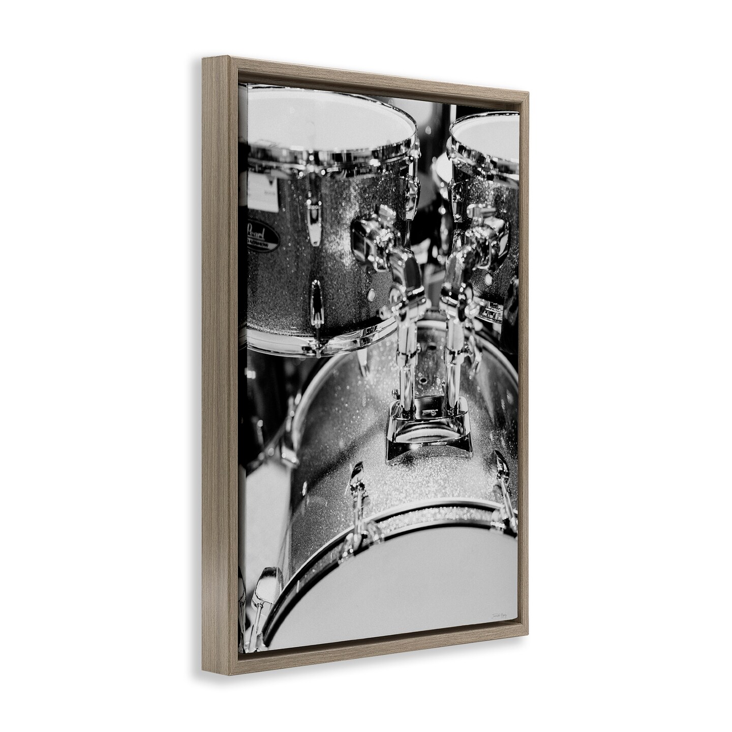 Stupell Industries Drum Set Black &#x26; White Floater Framed Canvas Wall Art Design by Jennifer Rigsby
