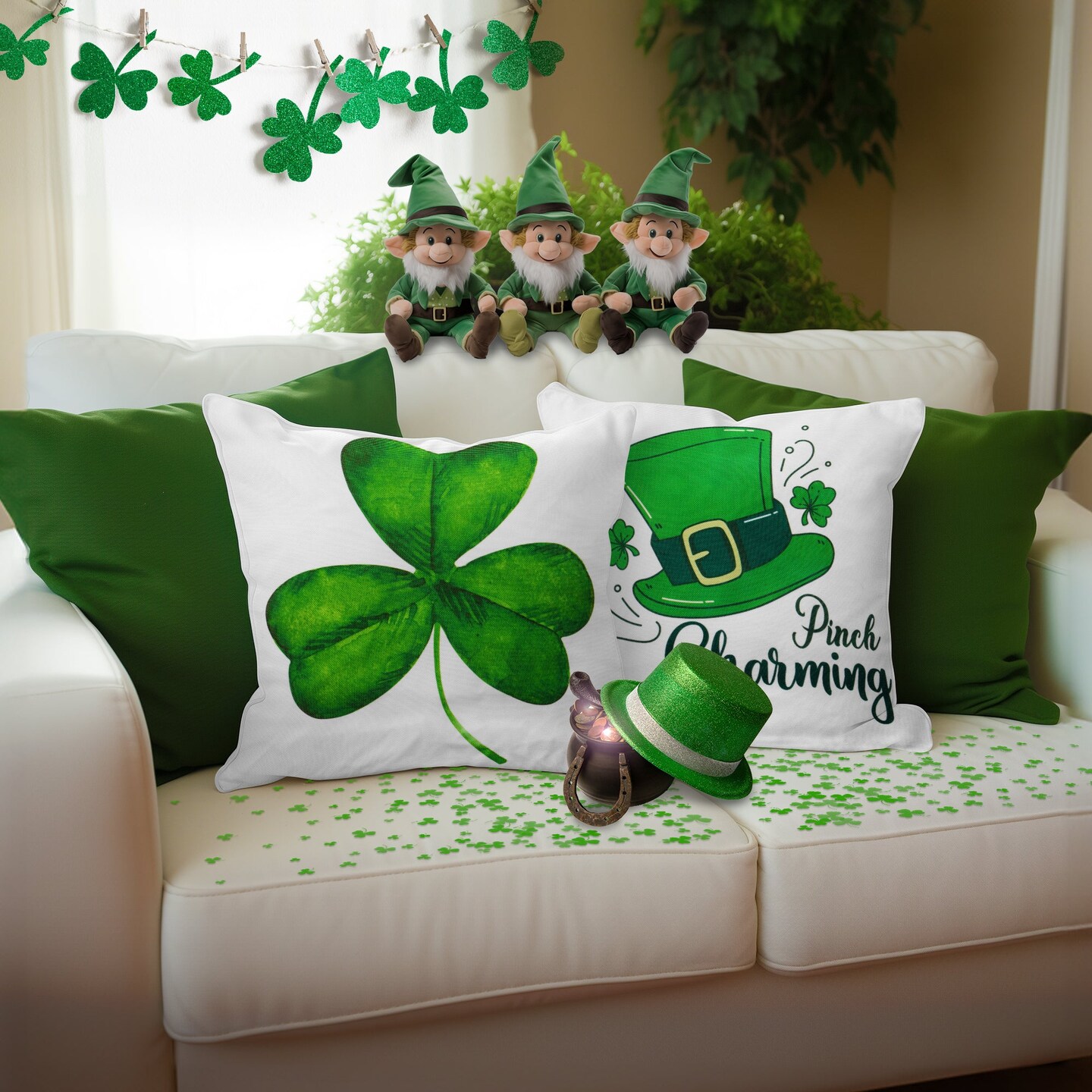 G128 St Patrick's Day Decoration Gnome Luck Shamrock Waterproof Throw Pillow | 18 x 18 in | Set of 4, Beautiful Cushion Covers for St Patrick's Day Sofa Couch Decoration, Pillow Insert Included