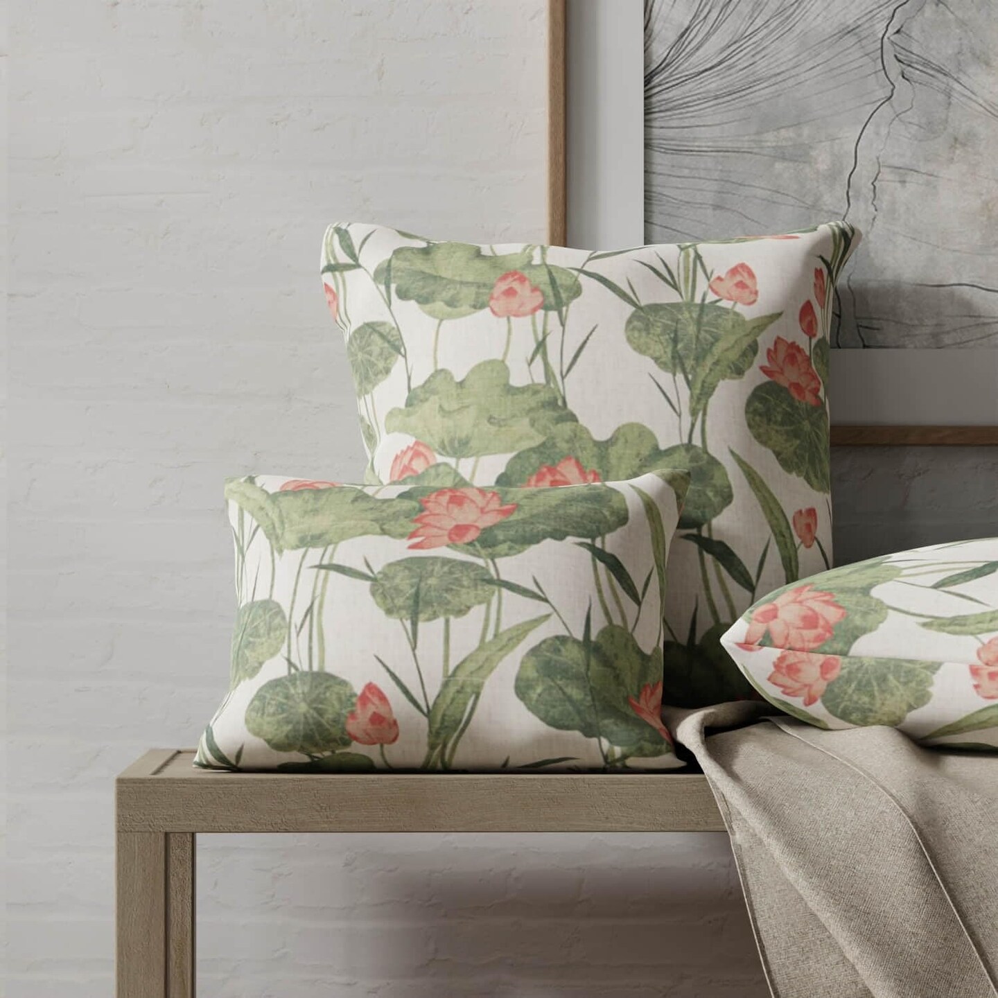 Pink Green Stain Resistant Performance Floral Leaves Botanical Print Upholstery Fabric by The Yard - SKU: Lenox Blush