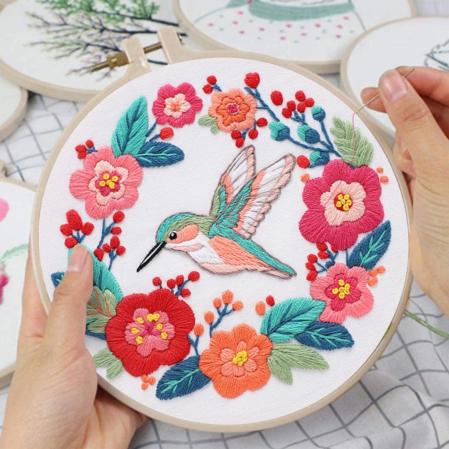 Hummingbird Embroidery Kits for Beginners,Cross Stitch Kit for Adults,DIY Needlepoint with Flowers Pattern