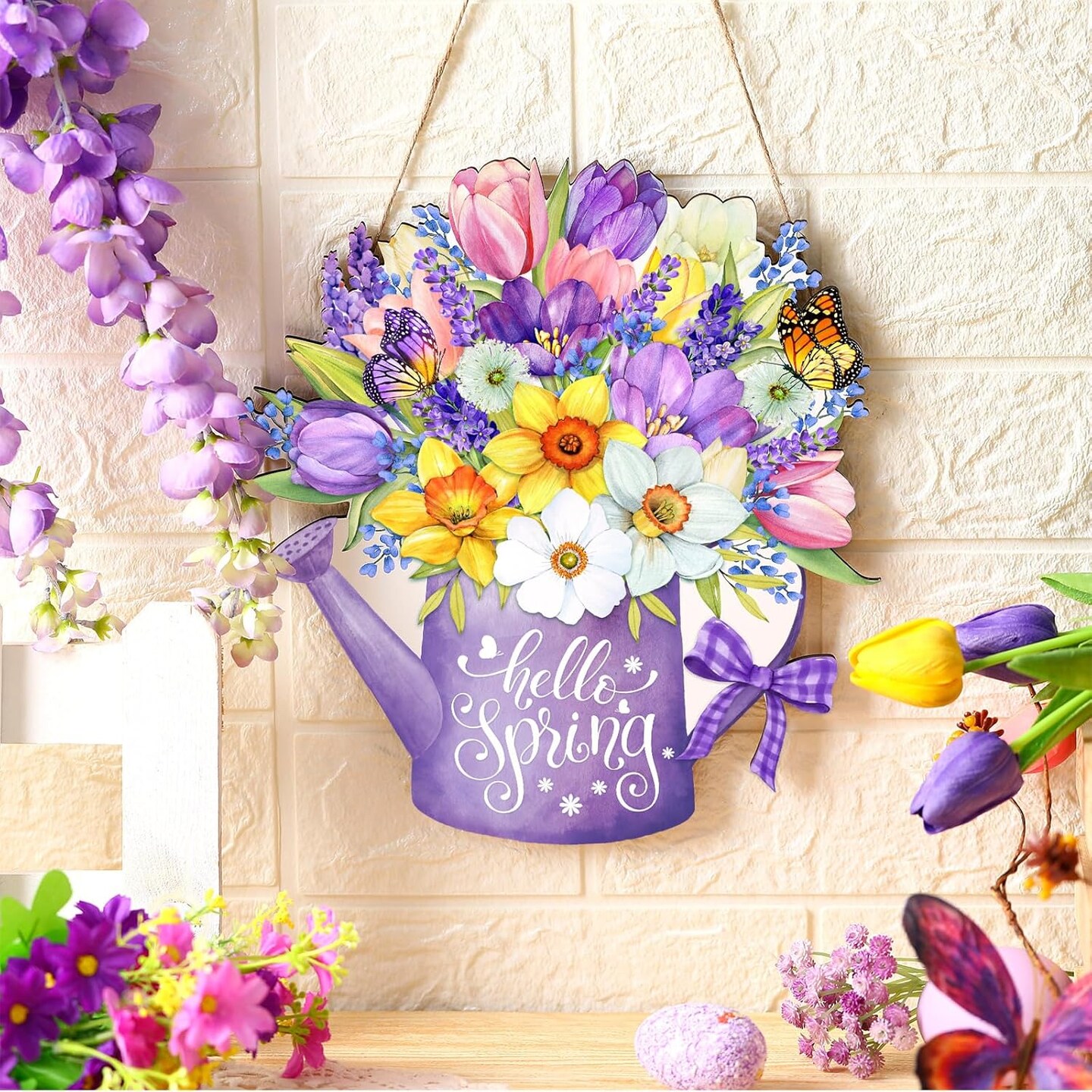Hello Spring Door Sign – Rustic Wooden Hanging Decor, Flower Wreath Welcome Sign for Front Porch, Wall, or Pediment Decorations