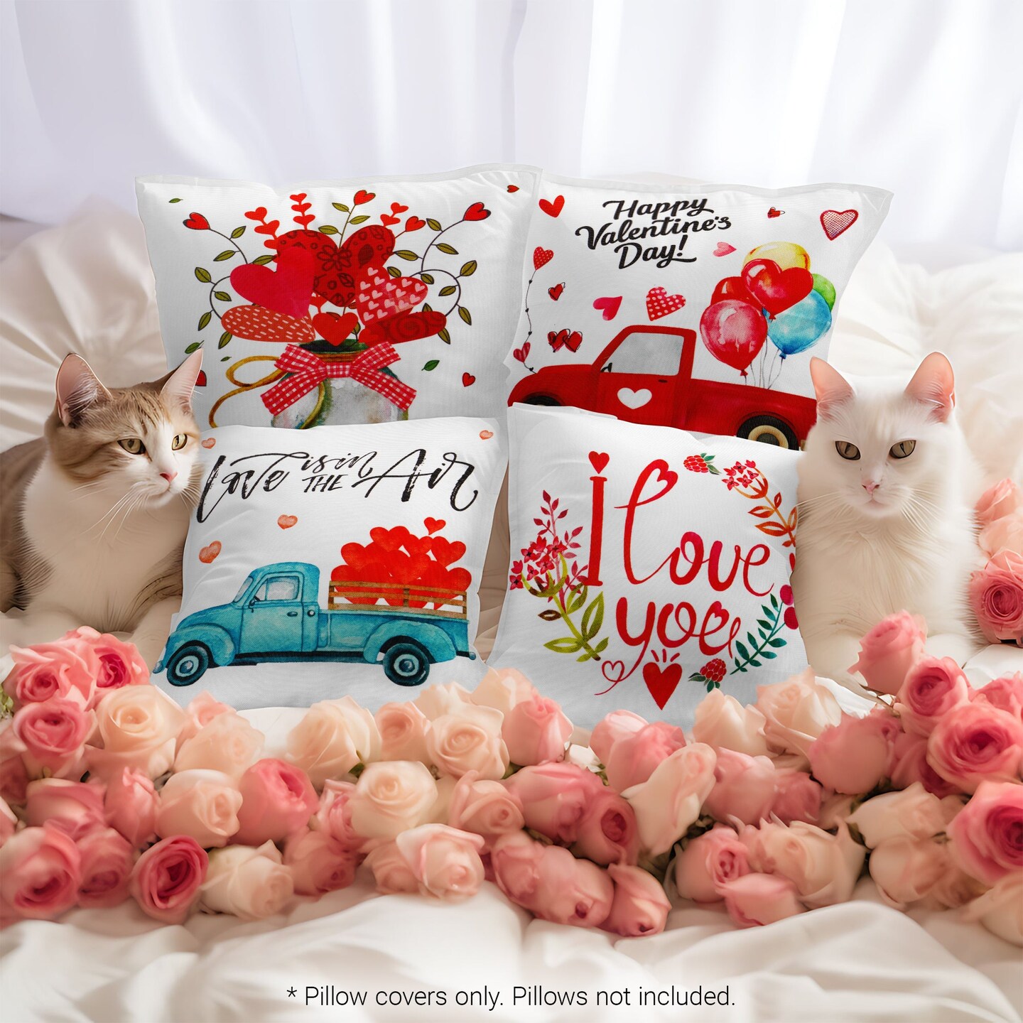 G128 Valentine's Day Decoration Love Heart Waterproof Throw Pillow Covers | 18 x 18 In | Set of 4, Beautiful Cushion Covers for Valentine's Day Sofa Couch Decoration