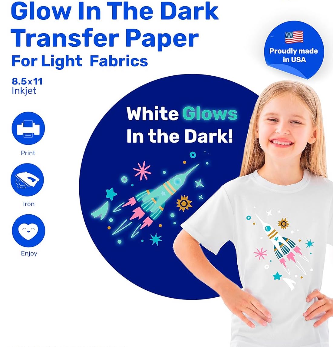Printable Iron-on Glow Light Heat Transfer Paper for LIGHT Fabrics, sheets 8.5&#x22; x 11&#x22;, Long Lasting, Durable, Professional Quality, Easy DIY, Non-Toxic, Made in USA