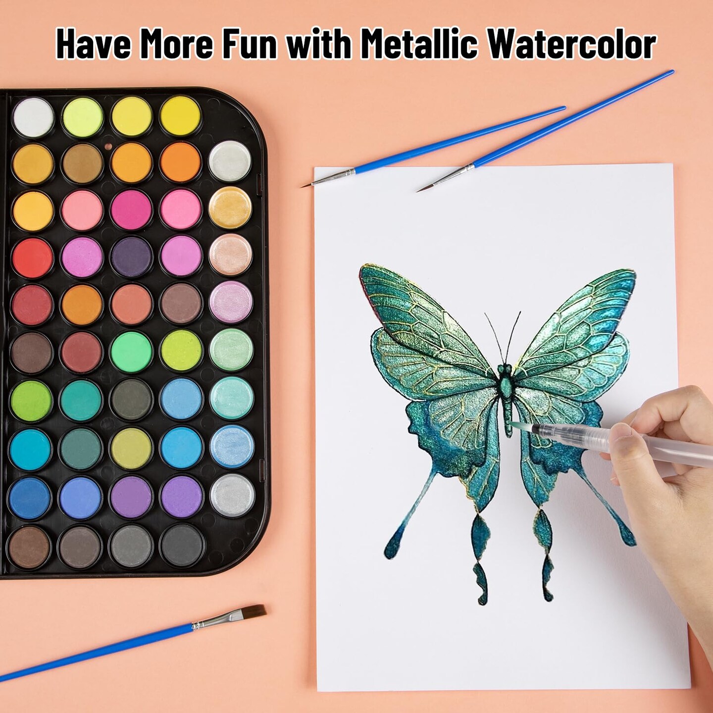40+8 Watercolor Paint Set, Washable Water Color Paint Sets for Kids Adult Beginner, Non-toxic Watercolors with 3 Brushes 1 Refillable Water Brush Pen and Palette, Artists Watercolor Set, Art Supplies