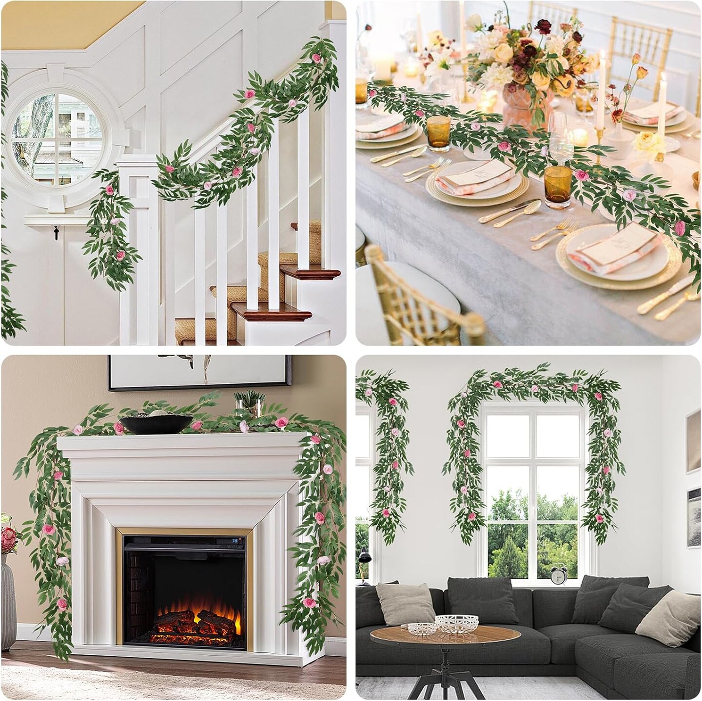 Artificial Hanging Willow Leaves Vine Twigs Whit Roses Flower 2Pc 5.7Ft Faux Ivy Plant Silk Green Leaf Rose Floral Garland Greenery Indoor Outdoor Wedding Jungle Birthday Party Garden Decor