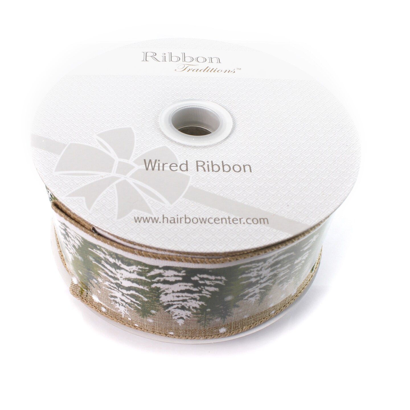 2 1/2&#x22; Wired Ribbon Winter Snowy Woodland Trees Burlap 25 Yards