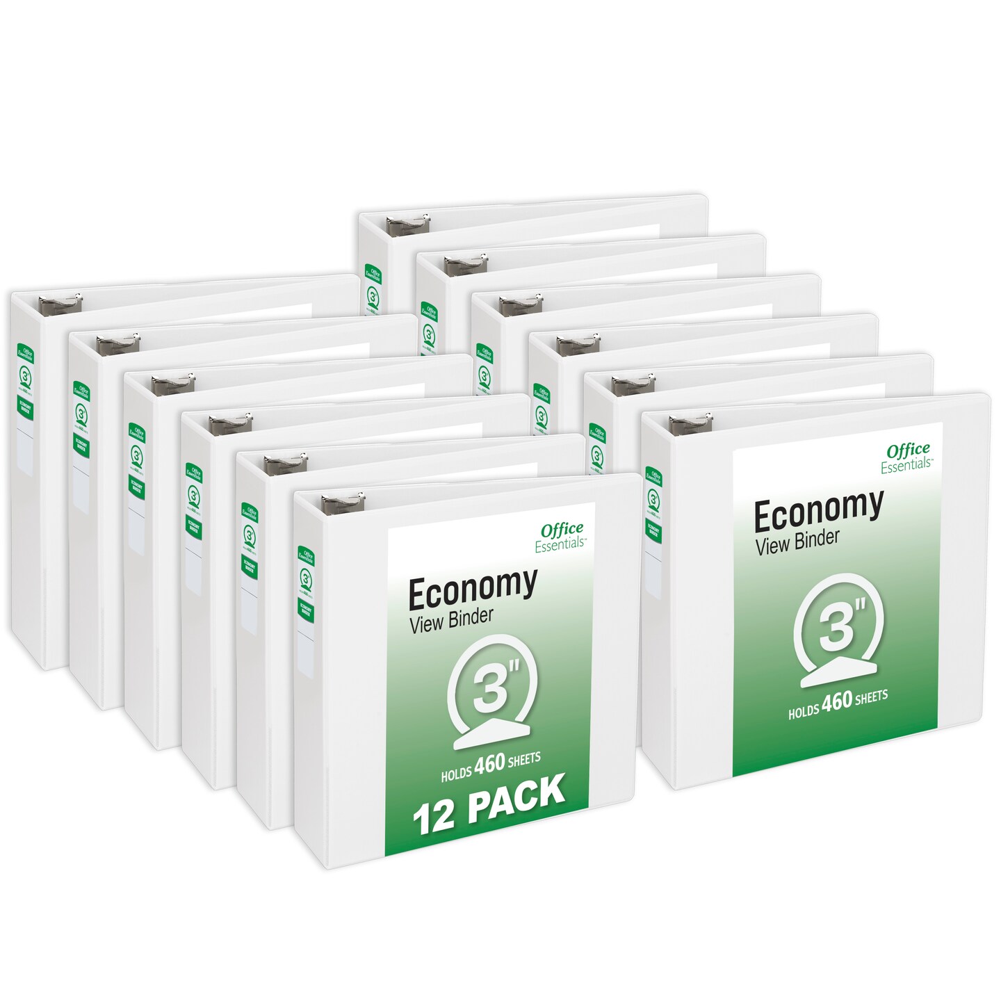 Office Essentials Economy View 3 Ring Binders, 3&#x22; Round Rings, 3.5&#x22; Spine, 460-Sheet Capacity, White Binders (12-Pack of 03430)
